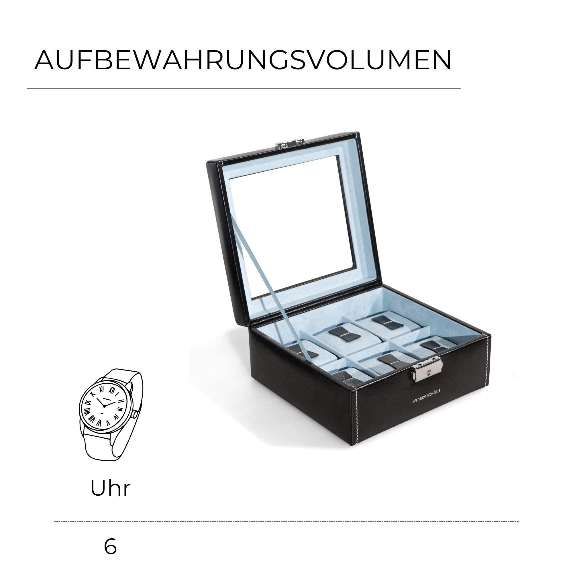 Bond watch box for 6 watches with glass lid