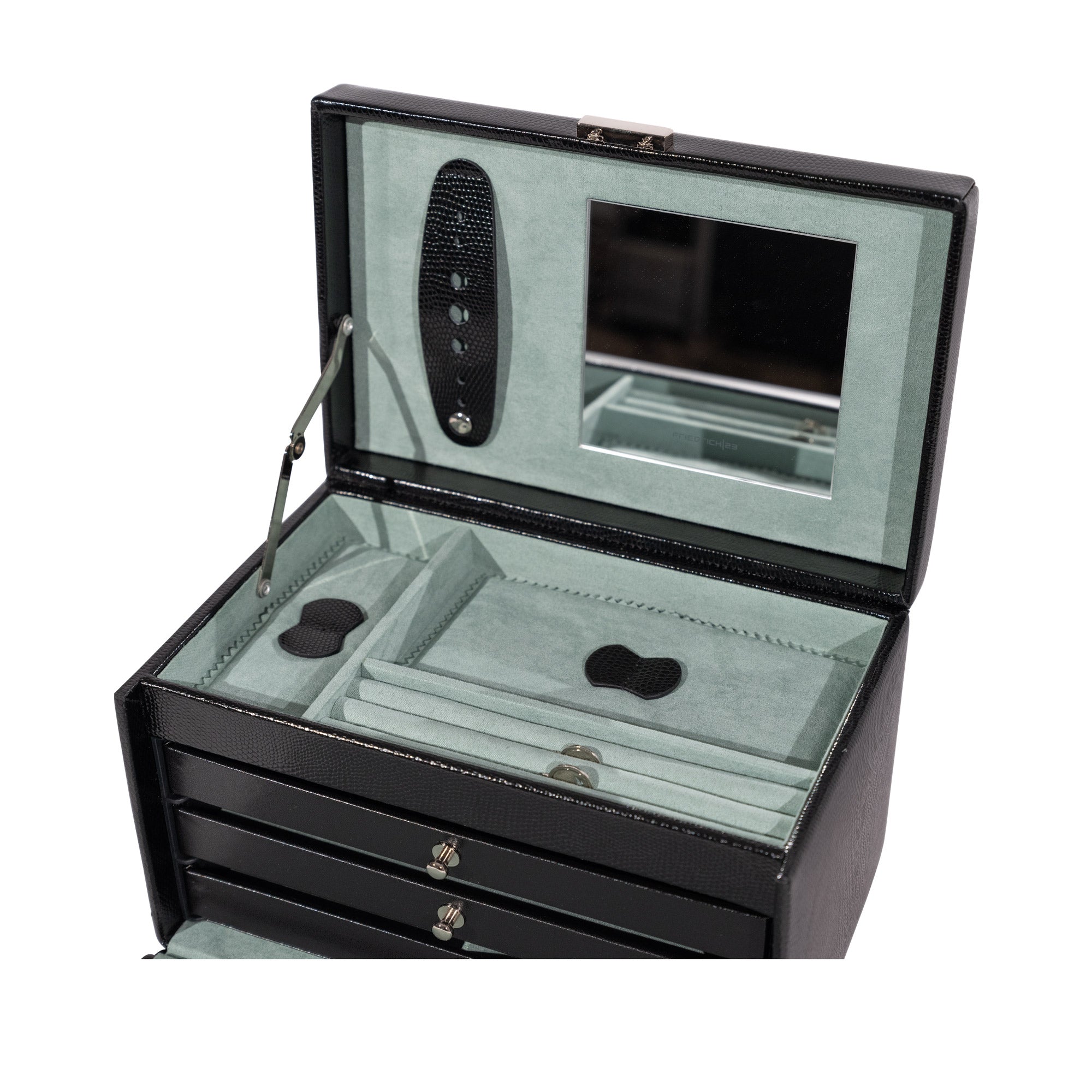 Schwarzer Schmuckkasten aus Leder in Echsen Optik mit mintfarbenem Veloursstoff, Fächern und Spiegel. Geöffnete Schrägansicht.