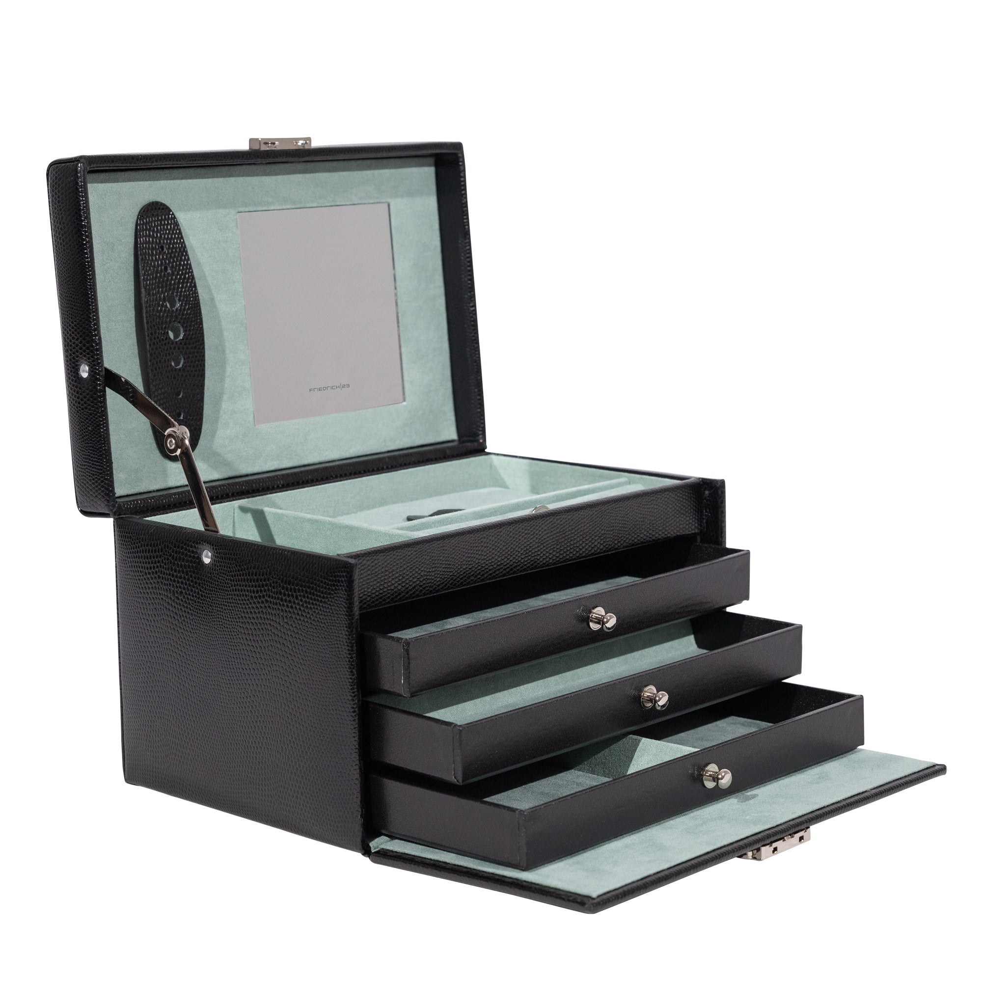 Schwarzer Schmuckkasten aus Leder in Echsen Optik. Ausgezogene Laden bei geöffneter Schrägansicht.