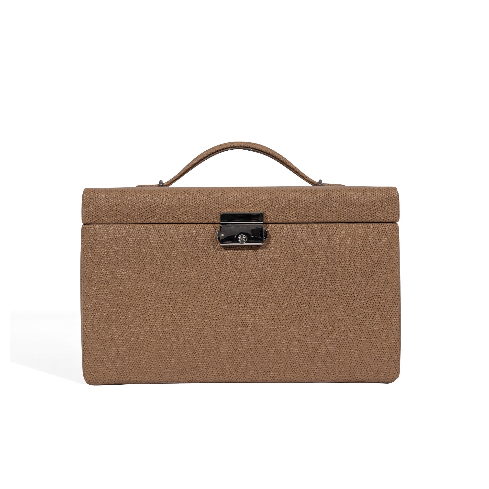 Brauner Schmuckkasten aus Leder in Echsen Optik mit silbernem Schloss und Tragegriff. Frontansicht.