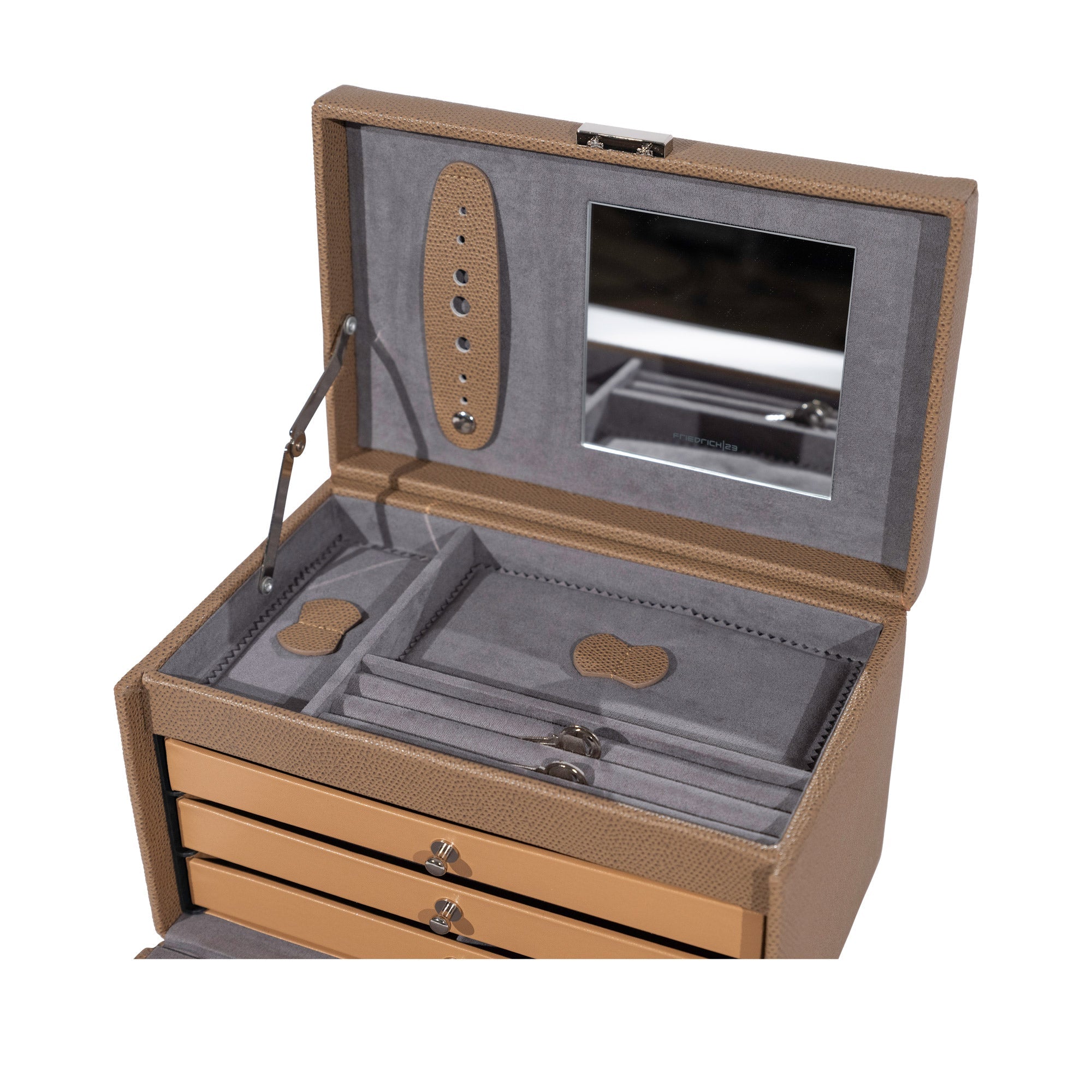 Brauner Schmuckkasten aus Leder in Echsen Optik. Fächer und Spiegel bei geöffneter Schrägansicht.