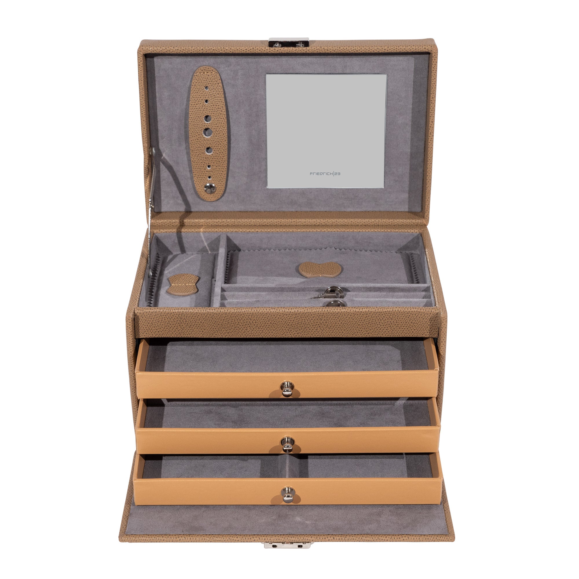 Brauner Schmuckkasten aus Leder in Echsen Optik. Ausgezogene Laden bei geöffneter Frontansicht.