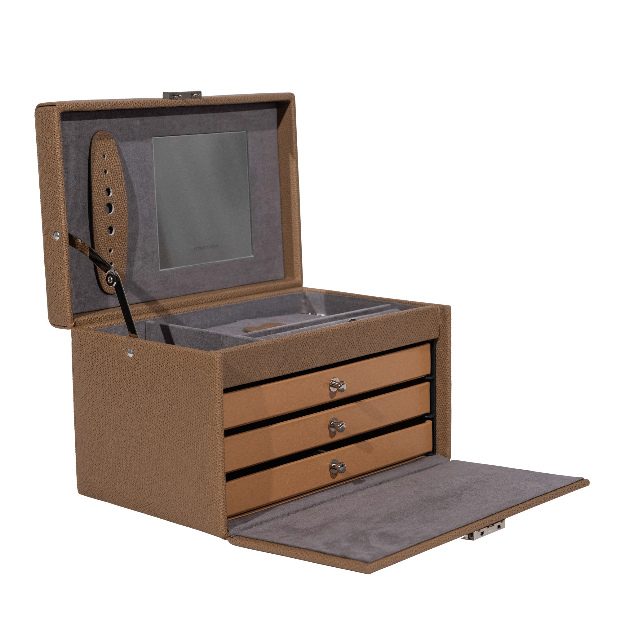 Brauner Schmuckkasten aus Leder in Echsen Optik mit geöffneter Schrägansicht.