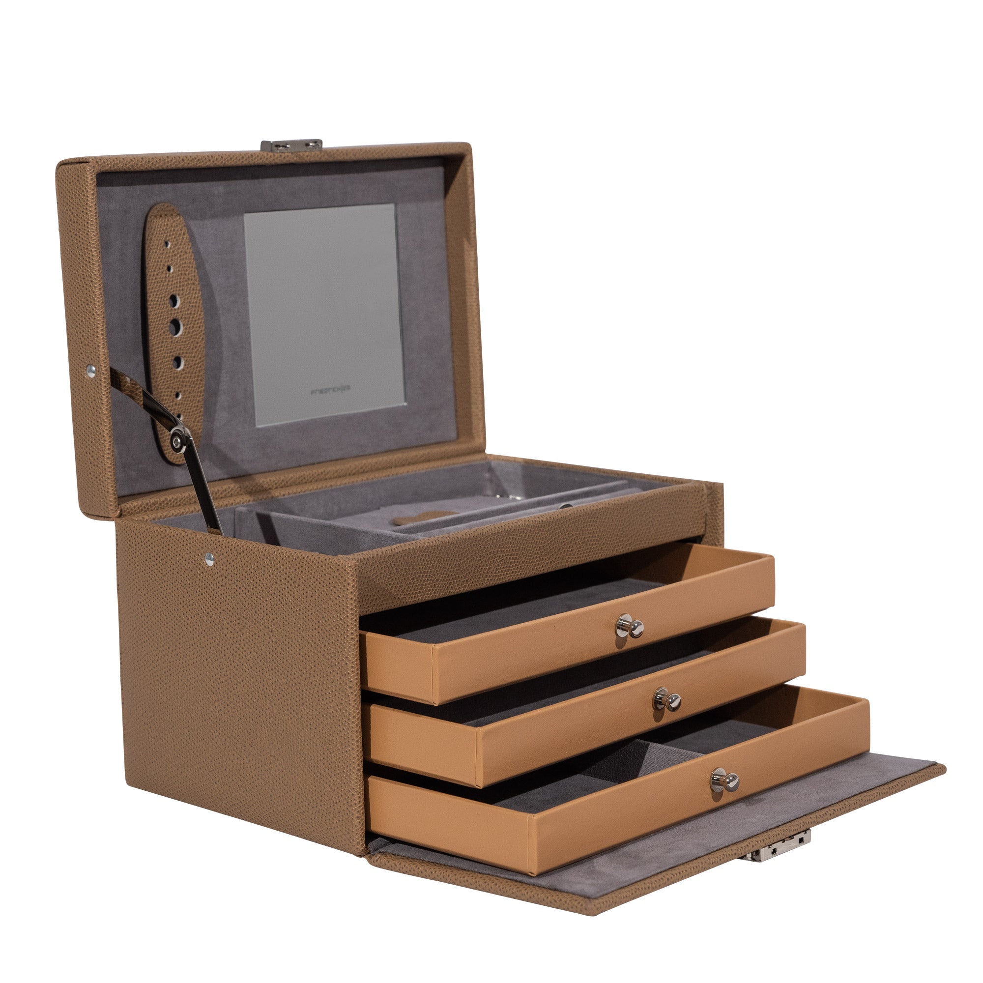 Brauner Schmuckkasten aus Leder in Echsen Optik. Ausgezogene Laden bei geöffneter Schrägansicht.