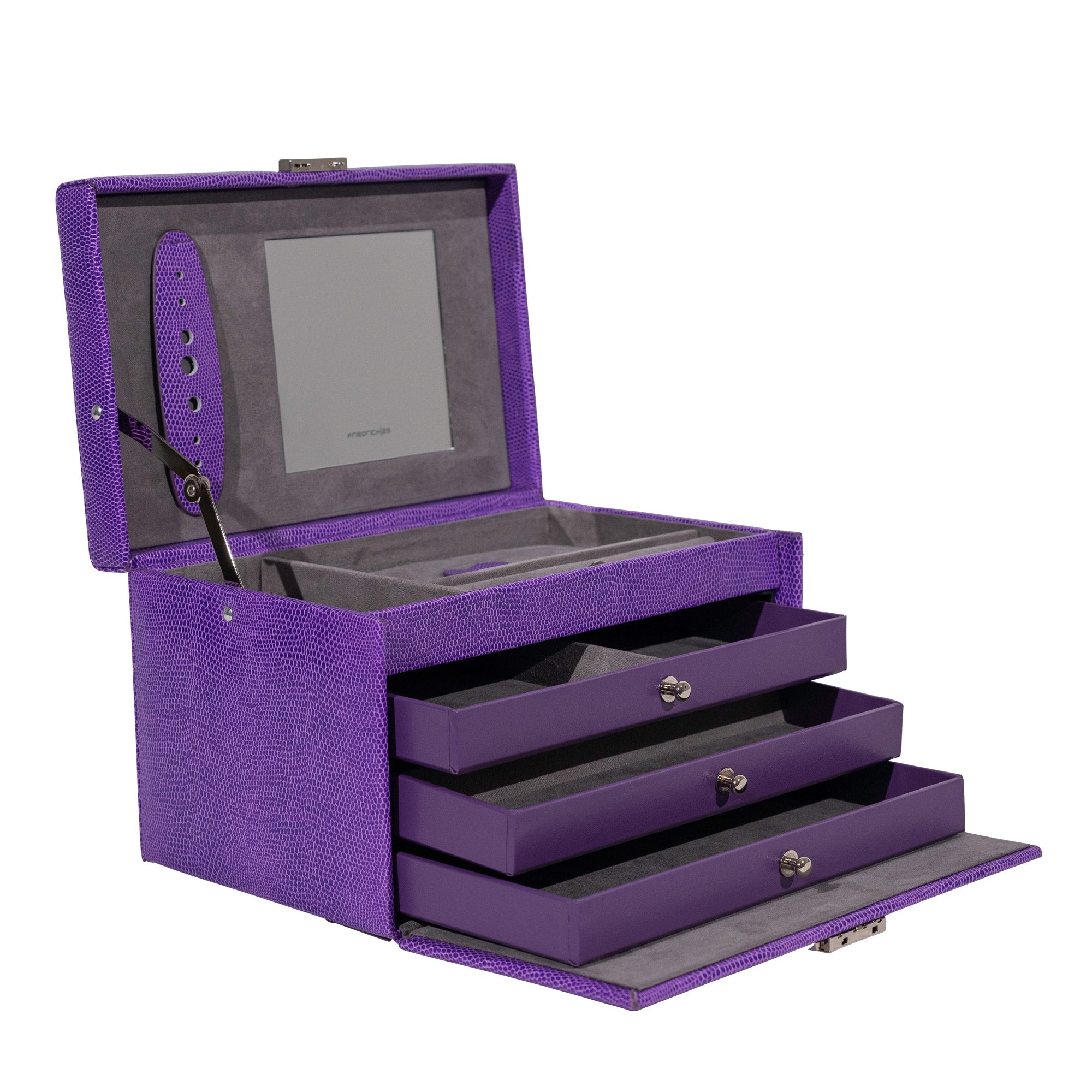 Lila Schmuckkasten aus Leder in Echsen Optik. Ausgezogene Laden bei geöffneter Schrägansicht.