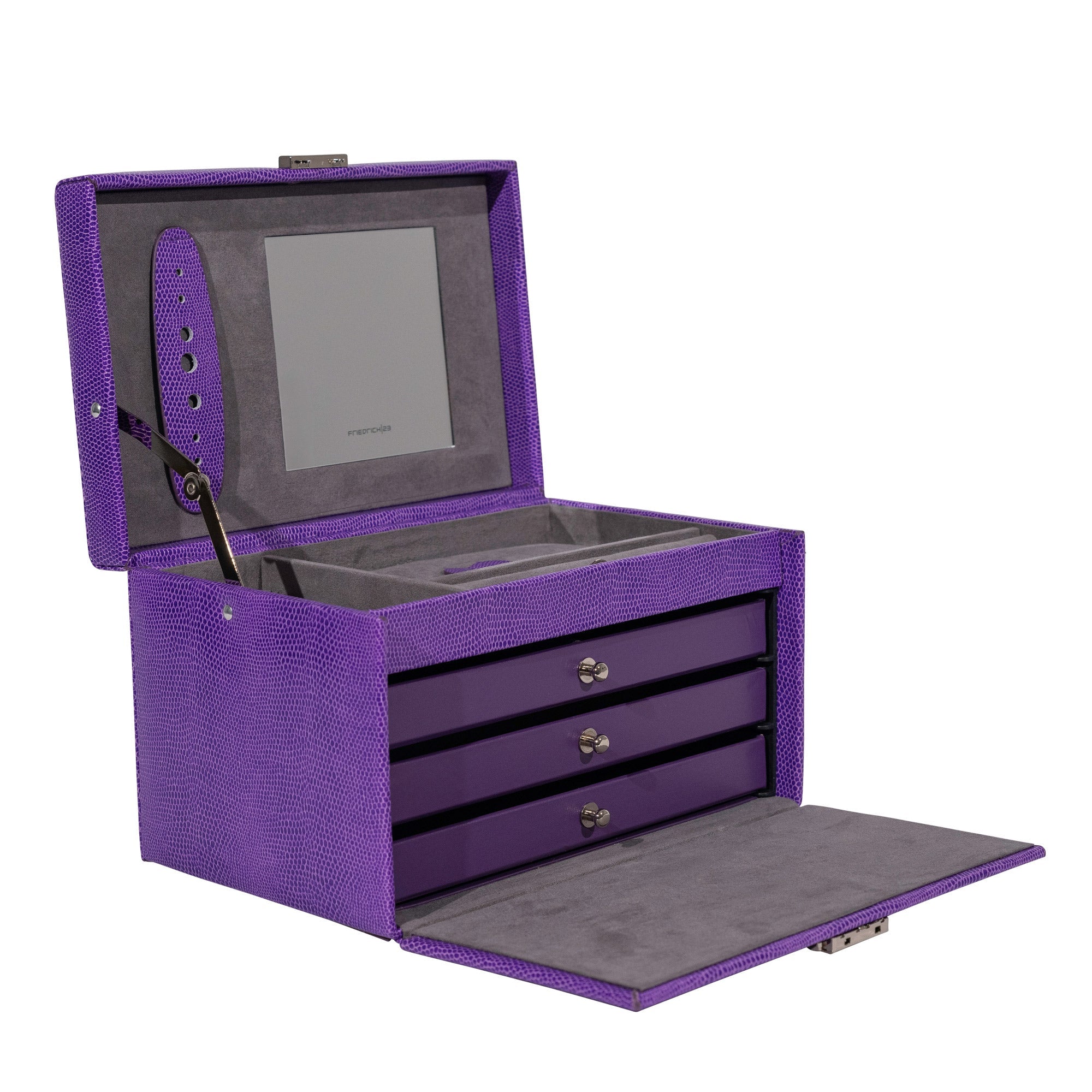 Lila Schmuckkasten aus Leder in Echsen Optik. Geöffnete Schrägansicht.