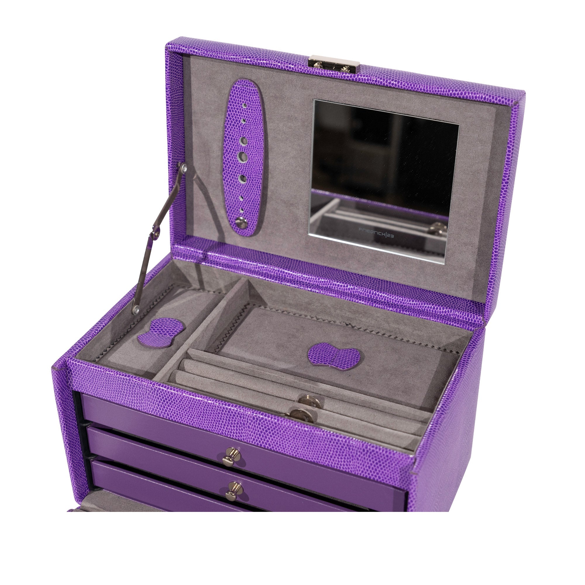 Detailaufnahme von lila Schmuckkasten aus Leder in Echsen Optik mit Fächern, Ohrringleiste und Spiegel.