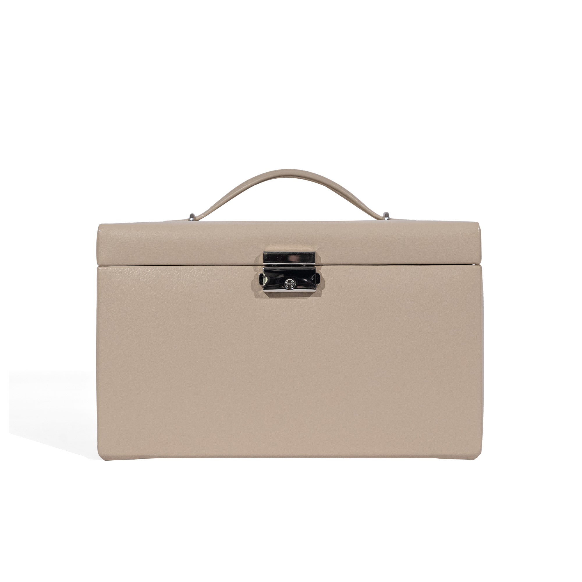 Frontansicht eines beigen Schmuckkastens aus Leder mit Henkel und silbernem Schloss.