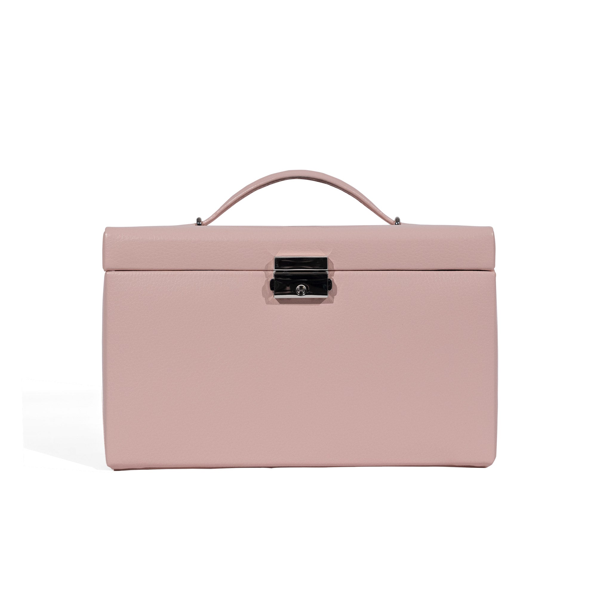 Frontansicht eines rosa Schmuckkastens aus Leder mit Henkel und silbernem Schloss.