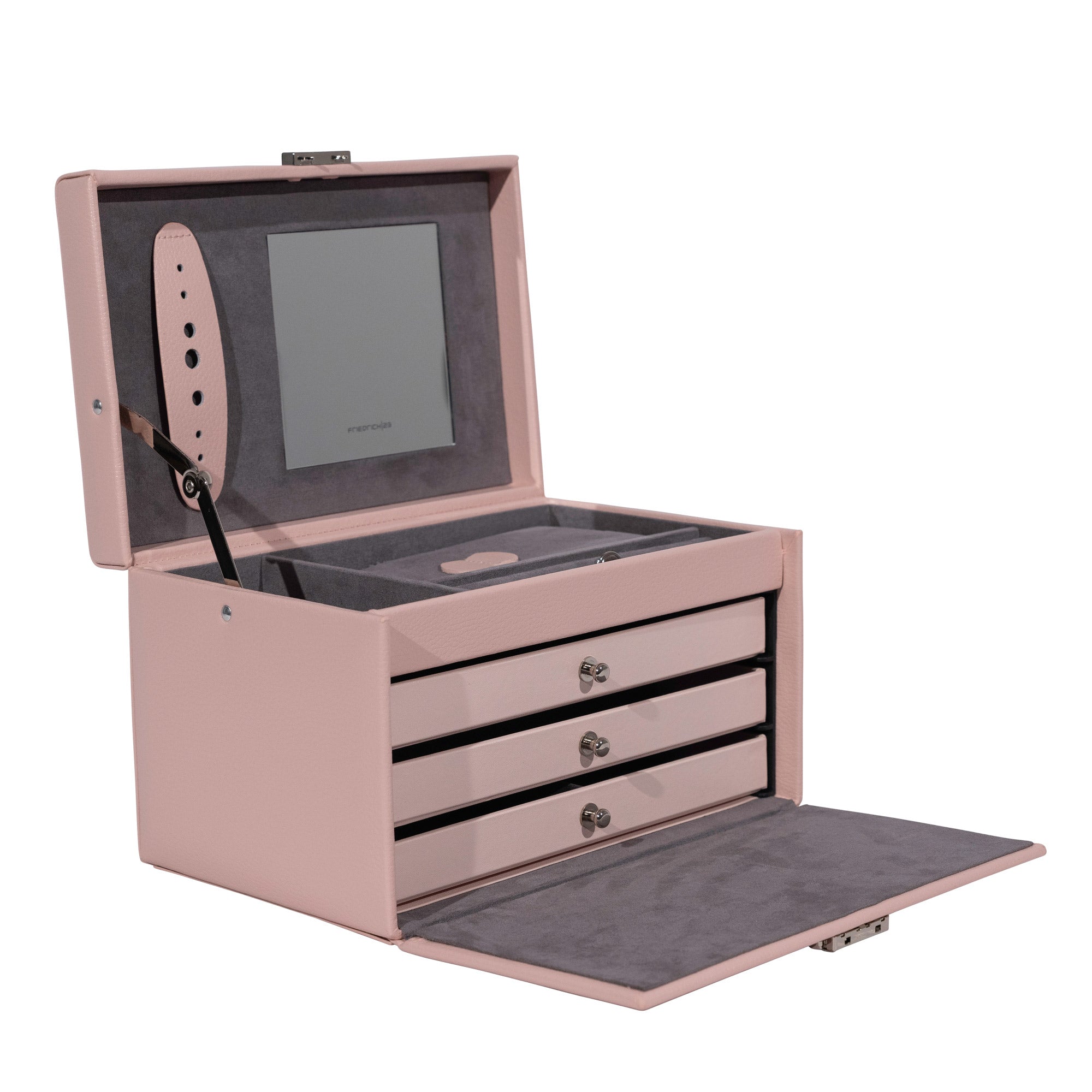 Schrägansicht eines geöffneten, rosa Schmuckkastens aus Leder mit Laden und Fächern.