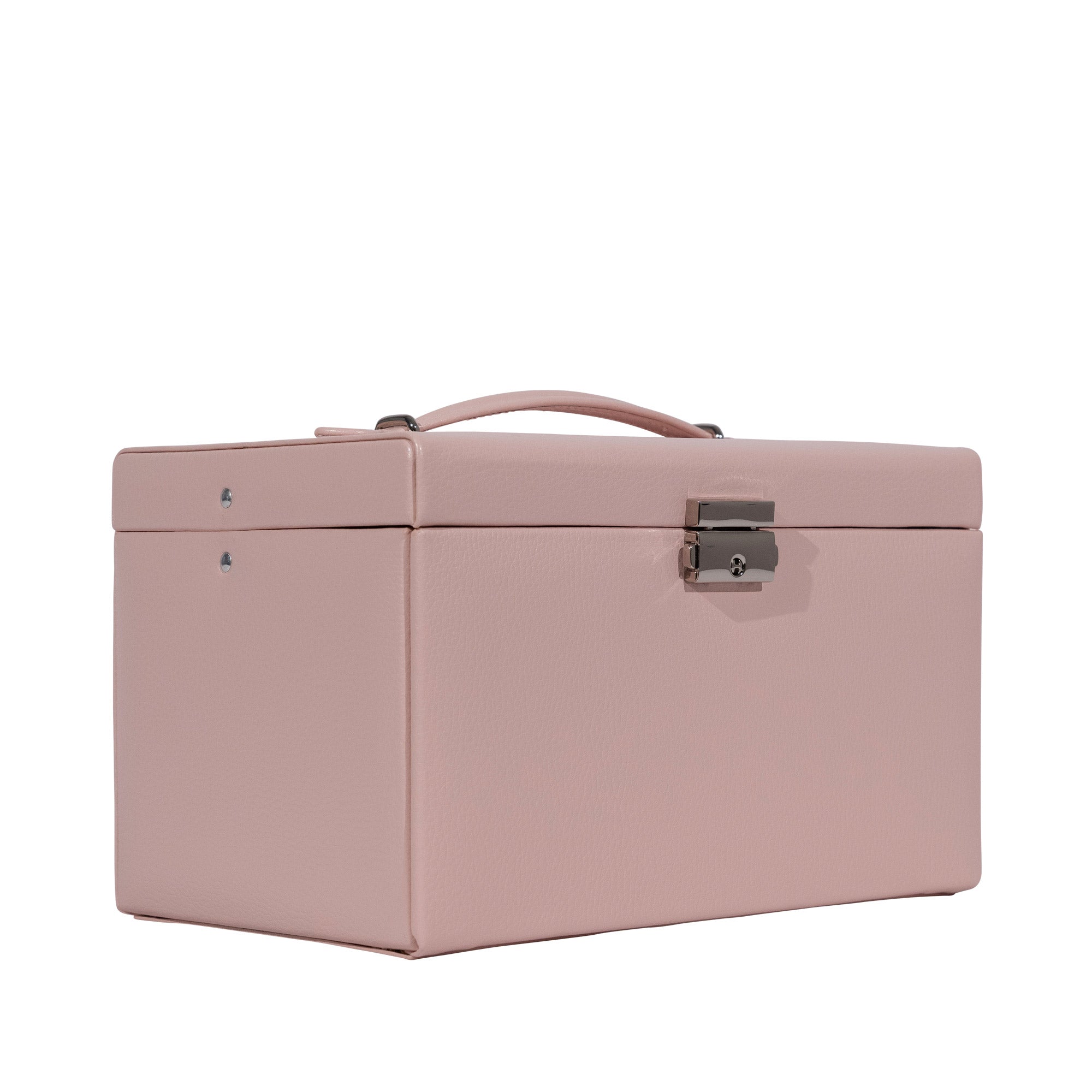 Schrägansicht eines geschlossenen, rosa Schmuckkastens aus Leder mit Henkel und silbernem Schloss.