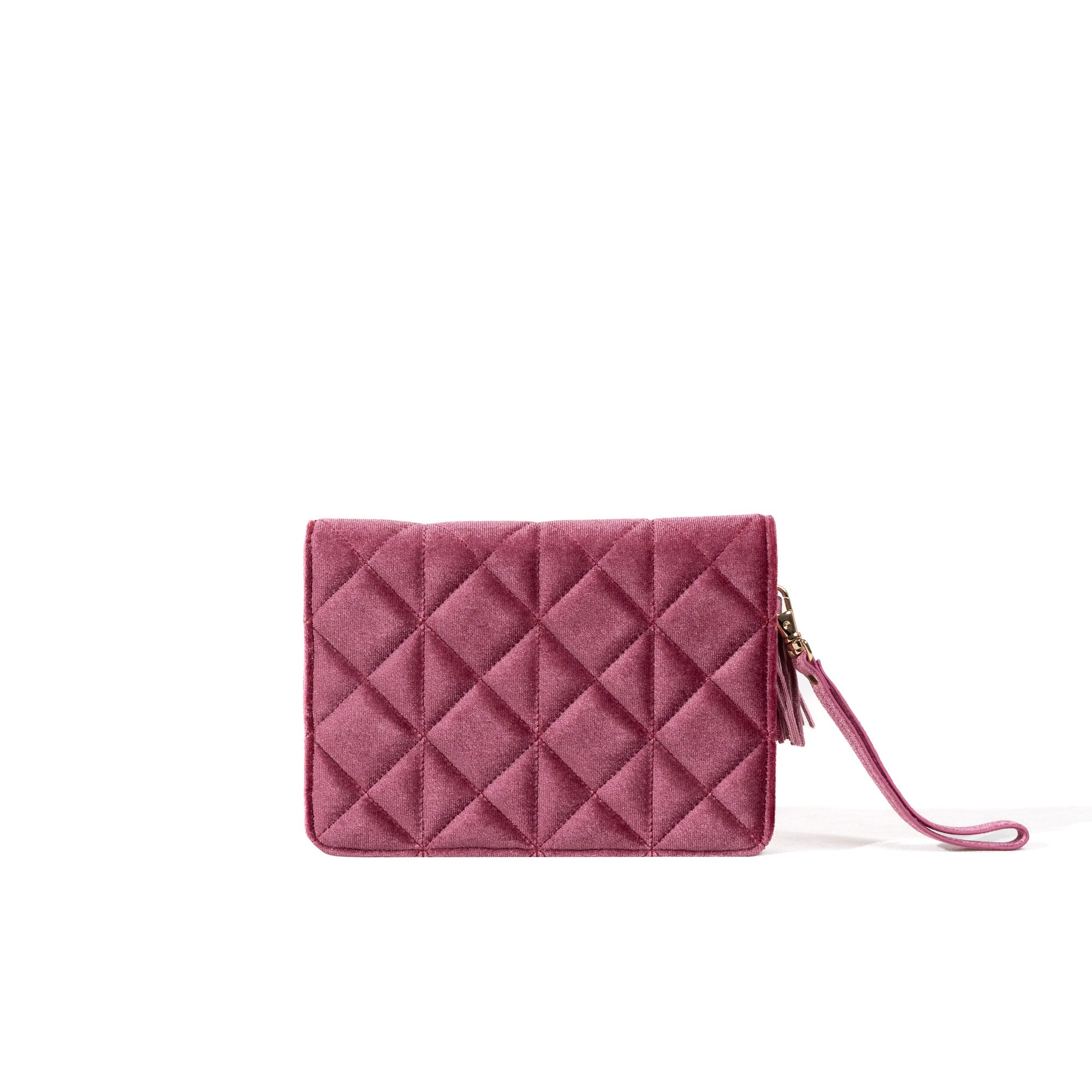 Schmucketui aus Samt in Fuchsia mit Steppmuster, Zierquaste und Handschlaufe. Rückansicht.
