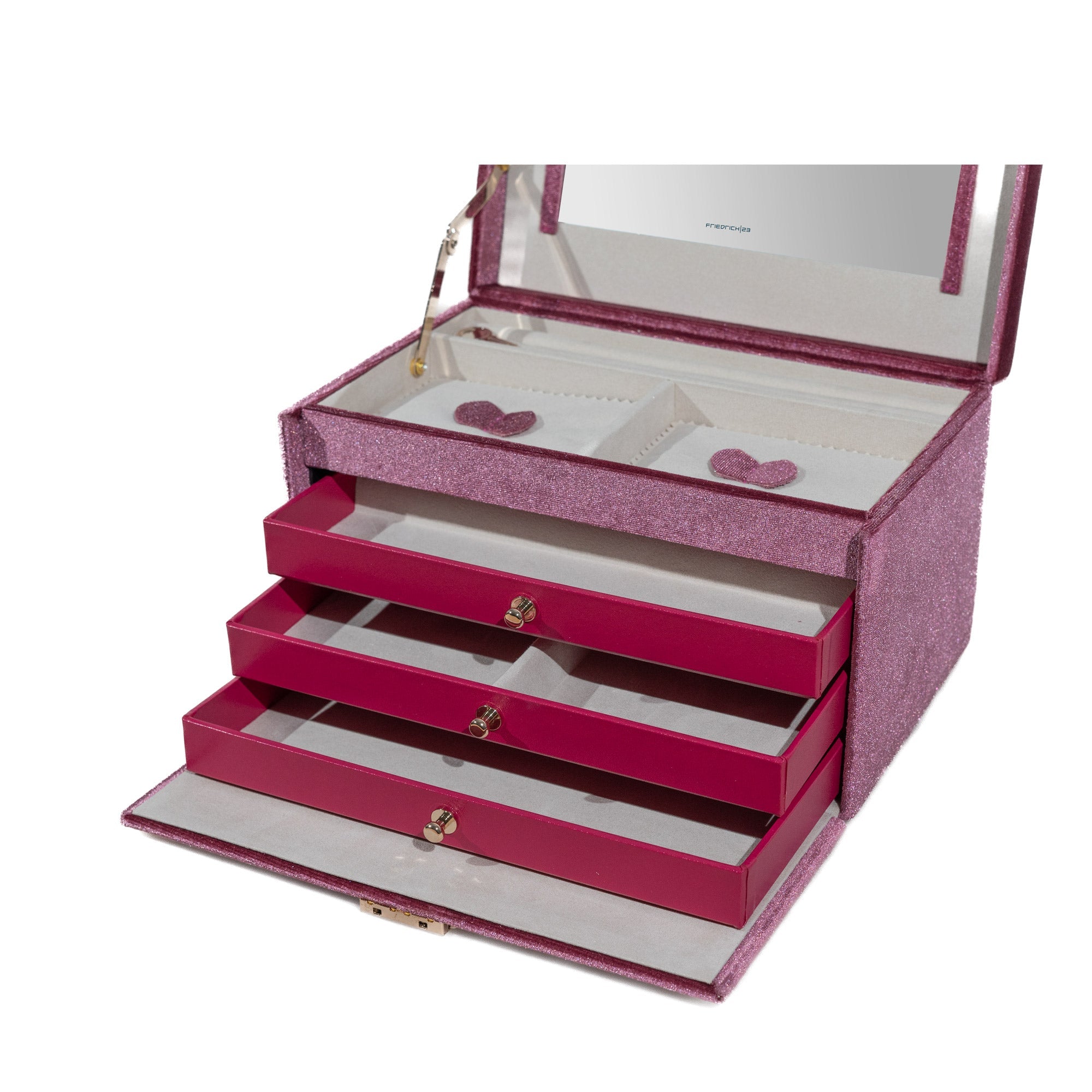 Fuchsia Schmuckkasten aus Samt, geöffnet mit ausgezogenen Laden und Fächern. Schrägansicht von oben.