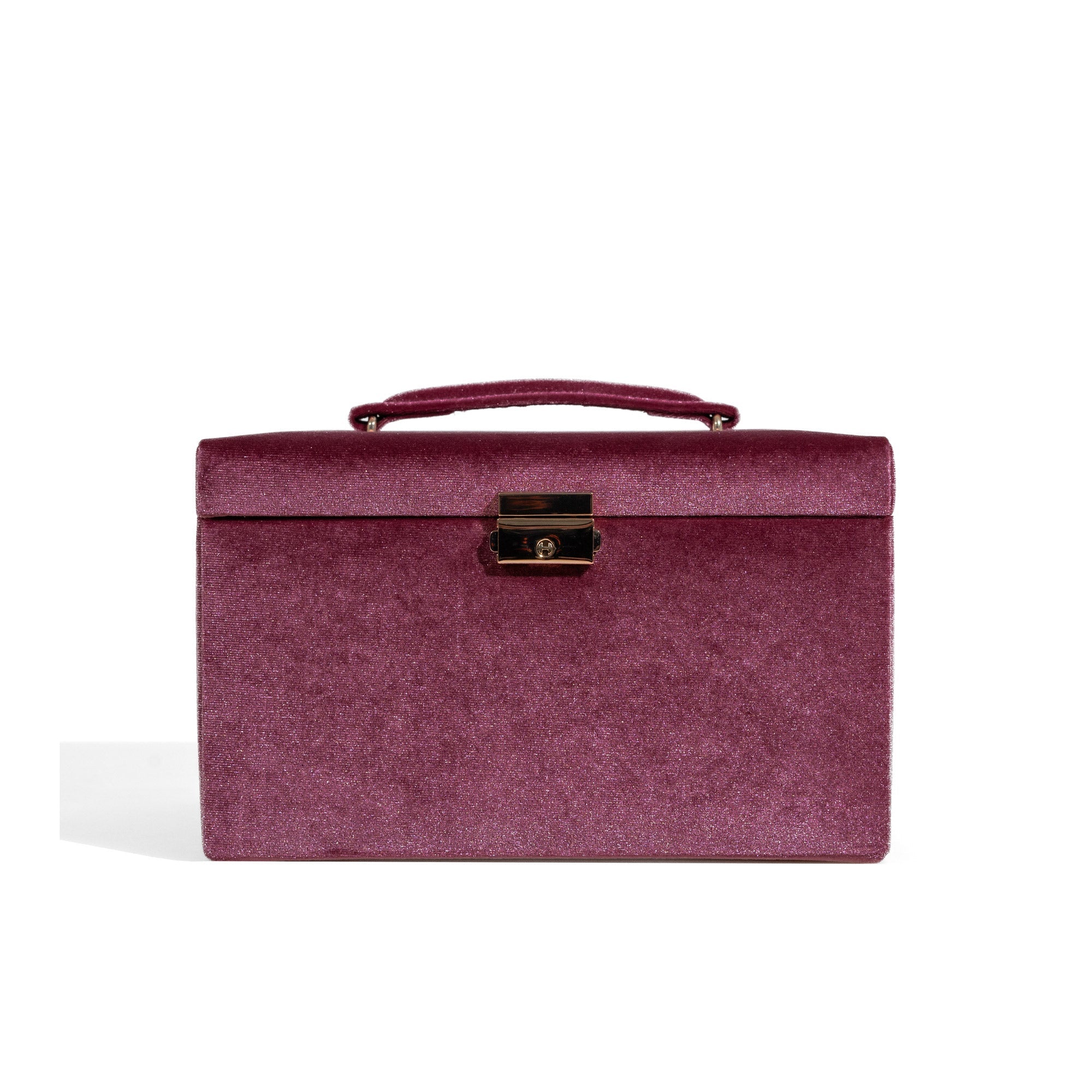 Fuchsia Schmuckkasten aus Samt mit Schloss und Tragegriff aus Metall. Frontansicht.