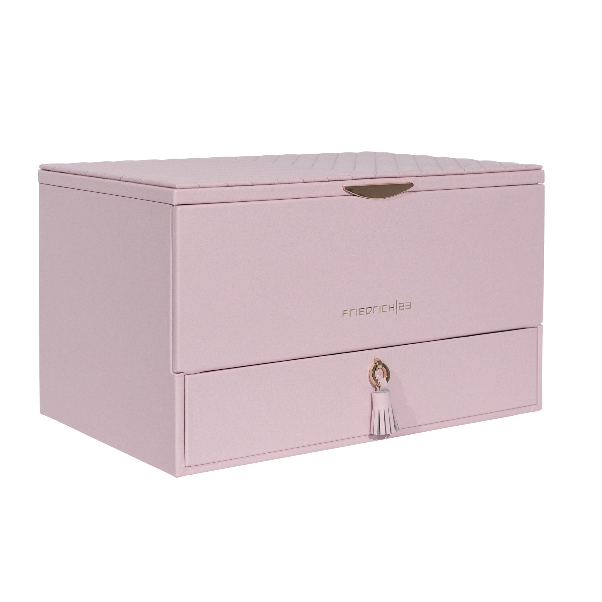 Rosafarbener Schmuckkoffer aus Leder mit Ziernähten und Beschlägen in Goldoptik, Lade mit Zierquaste sowie Friedrich23 Logo in Goldprägung. Schrägansicht.