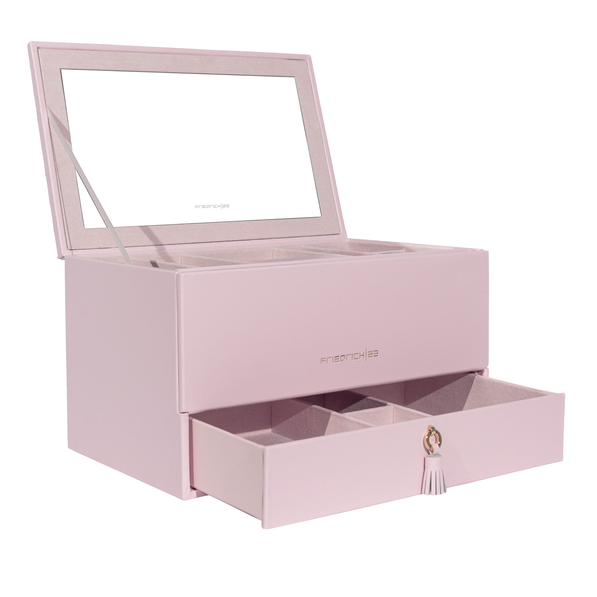 Geöffneter rosafarbener Schmuckkoffer aus Leder mit großem Spiegel, goldgeprägtem Friedrich23 Logo sowie ausgezogene Lade mit Zierquaste.