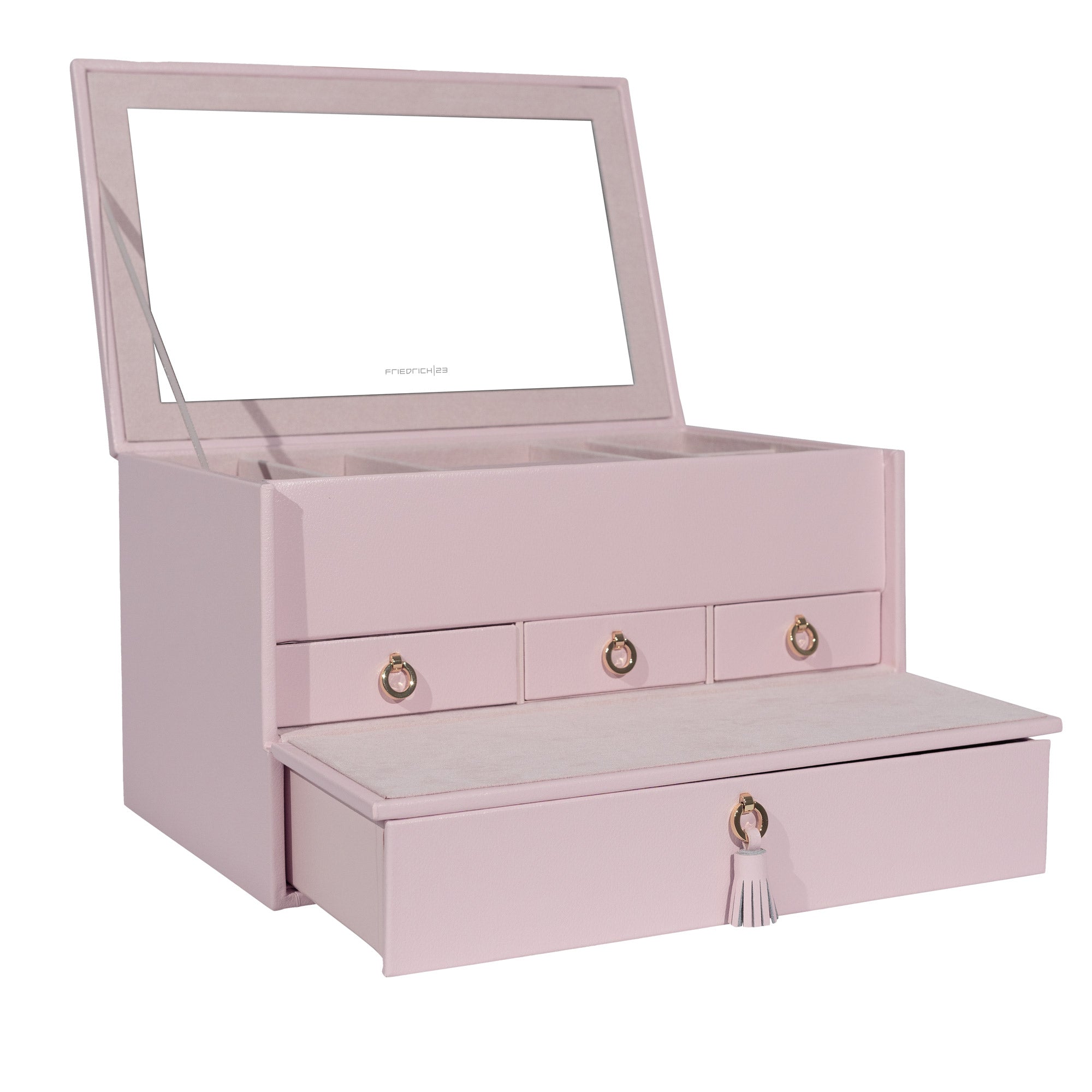 Geöffneter rosafarbener Schmuckkoffer aus Leder mit großem Spiegel, kleinen Laden, sowie Lade mit Zierquaste.