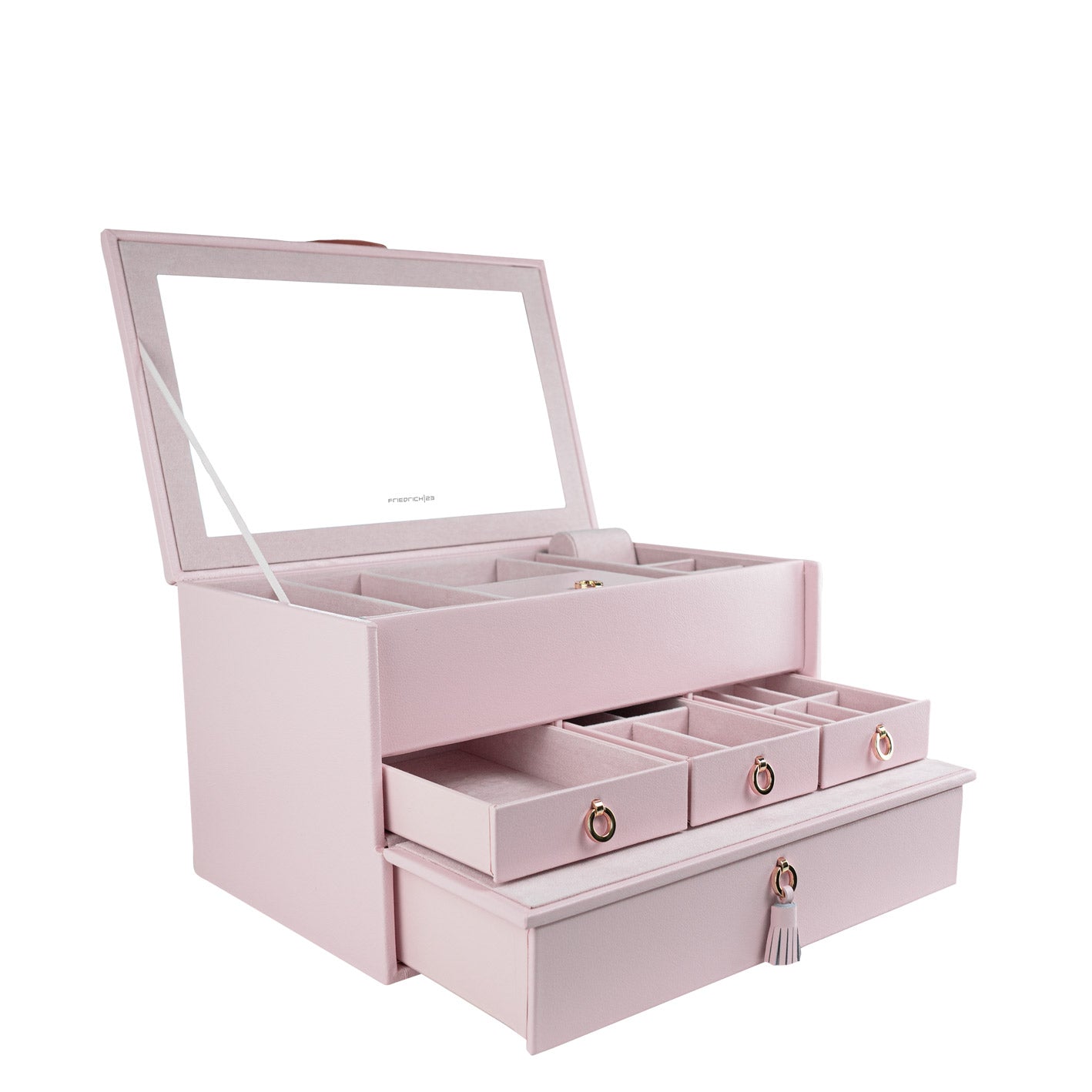 Geöffneter rosafarbener Schmuckkoffer aus Leder mit großem Spiegel, kleinen Laden mit Fächern unterteilt, sowie Lade mit Zierquaste.