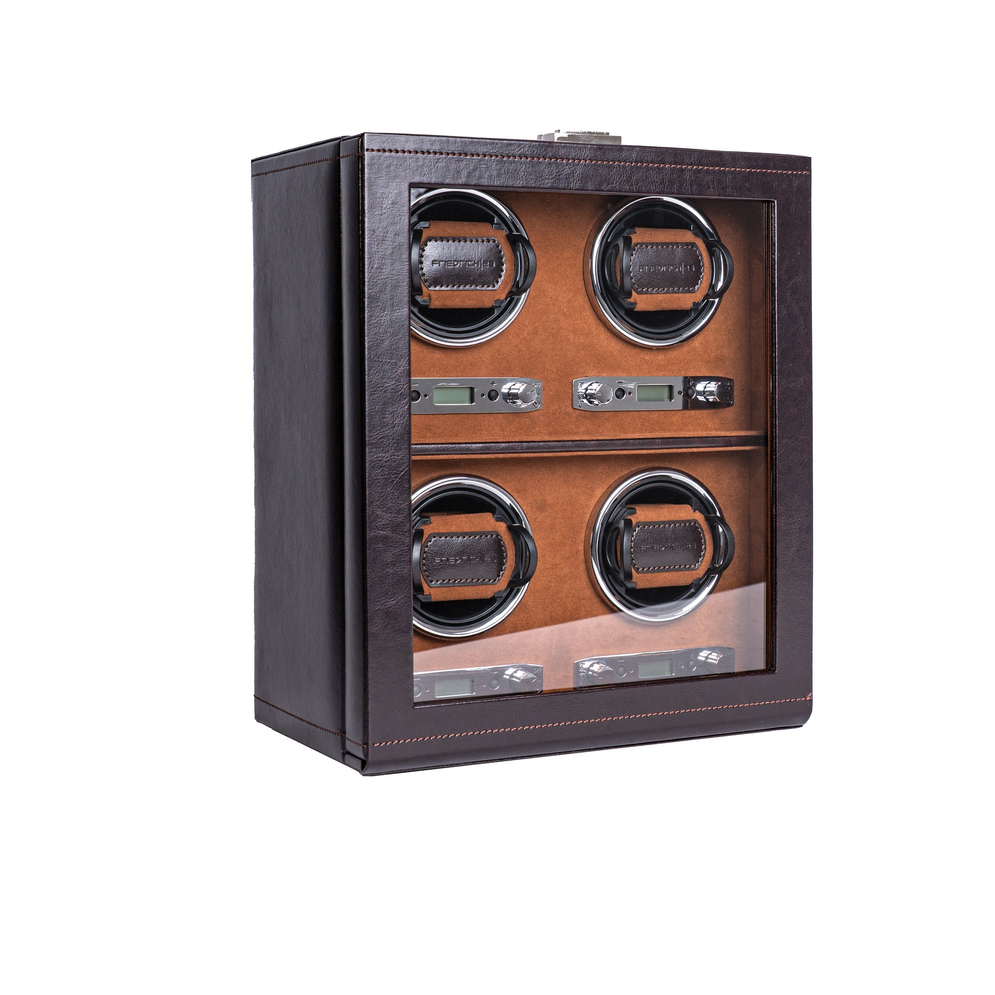 Uhrenbeweger aus braunem Leder mit Glasfenster für 4 Uhren, Schrägansicht