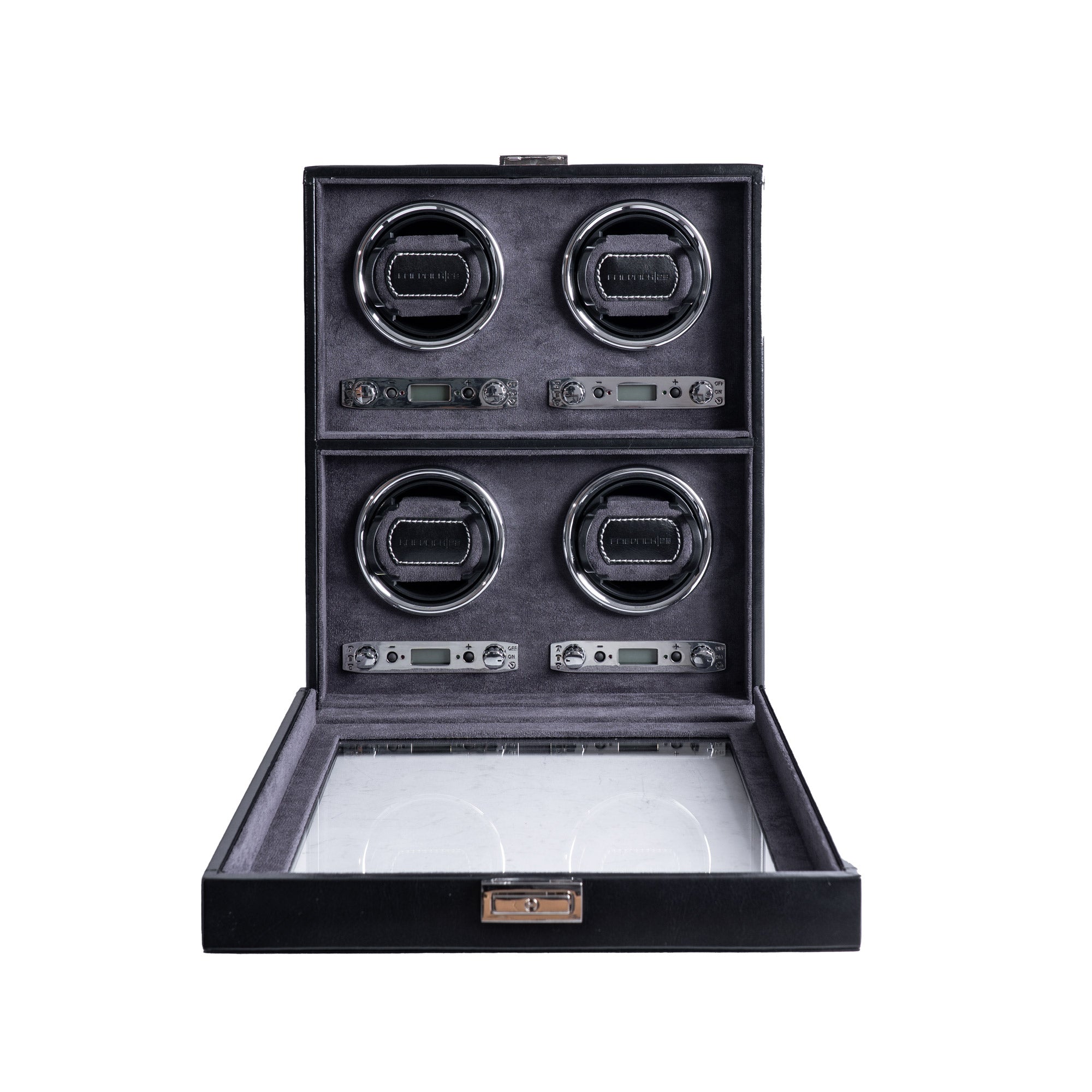 Uhrenbeweger aus schwarzem Leder mit geöffnetem Glasfenster für 4 Uhren, Frontansicht