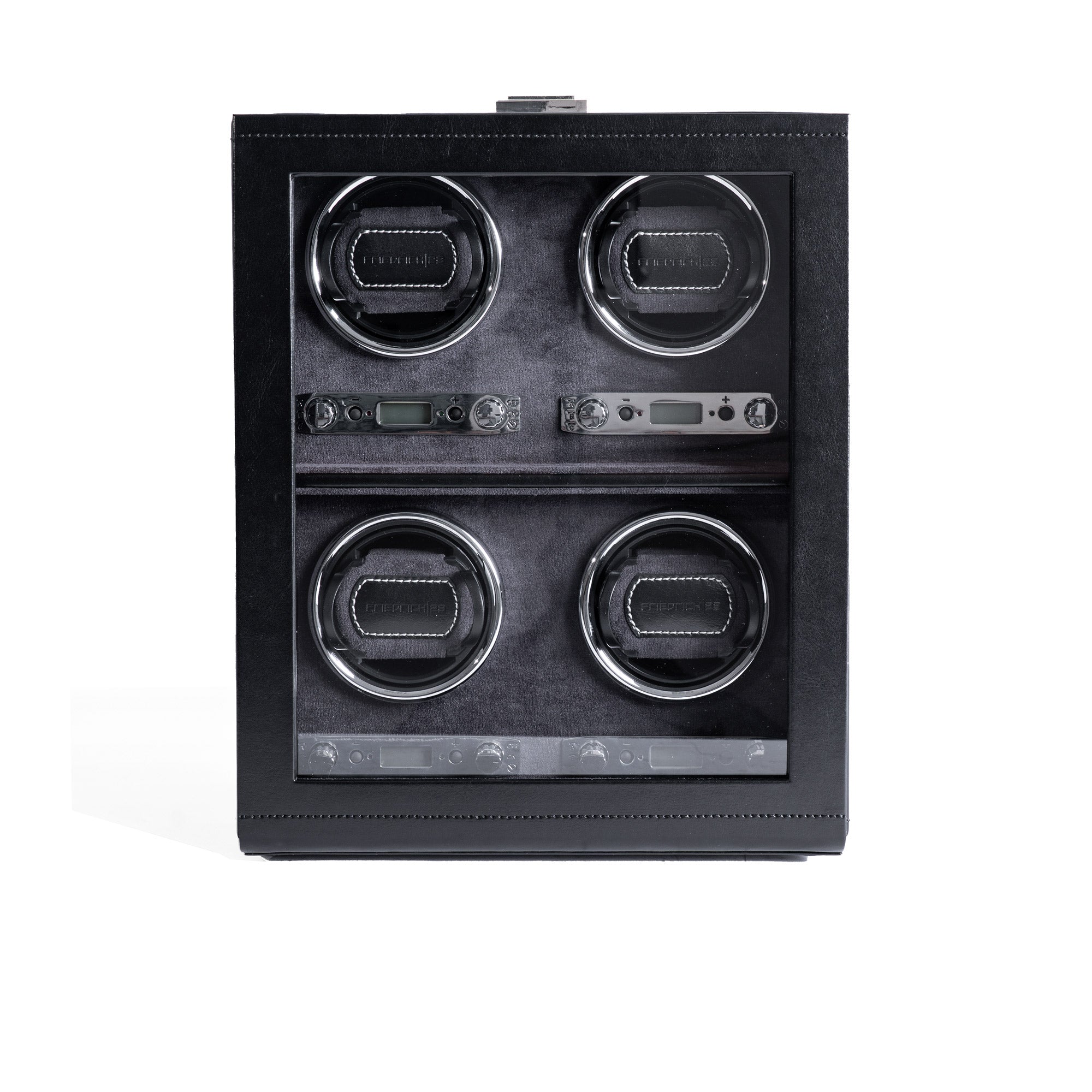 Uhrenbeweger aus schwarzem Leder mit Glasfenster für 4 Uhren, Frontansicht