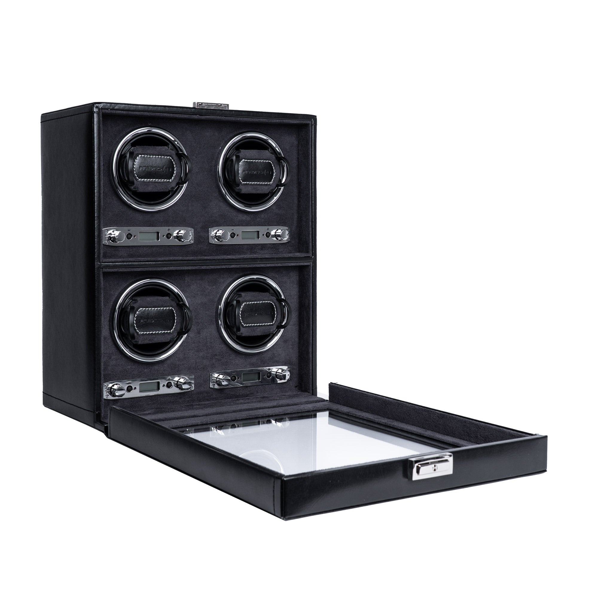 Uhrenbeweger aus schwarzem Leder mit geöffnetem Glasfenster für 4 Uhren, Schrägansicht