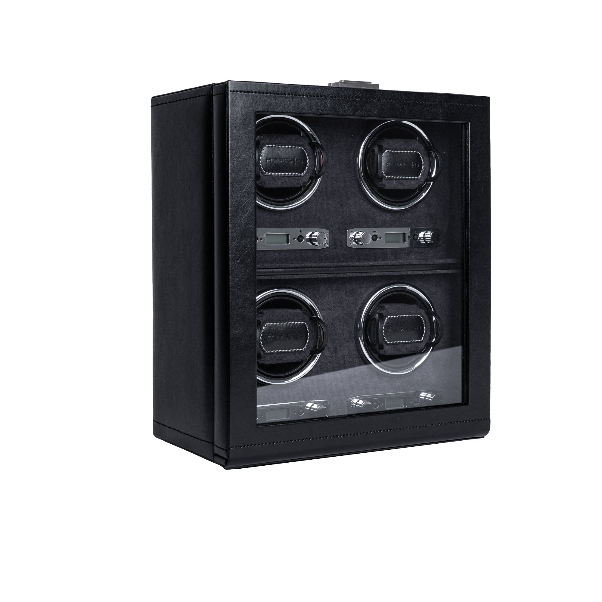 Uhrenbeweger aus schwarzem Leder mit Glasfenster für 4 Uhren, Schrägansicht