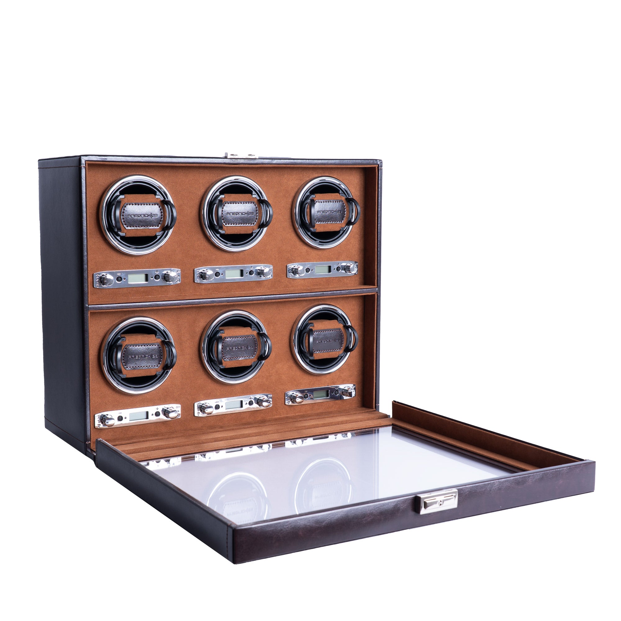 Uhrenbeweger aus braunem Leder mit geöffnetem Glasfenster für 6 Uhren, Schrägansicht