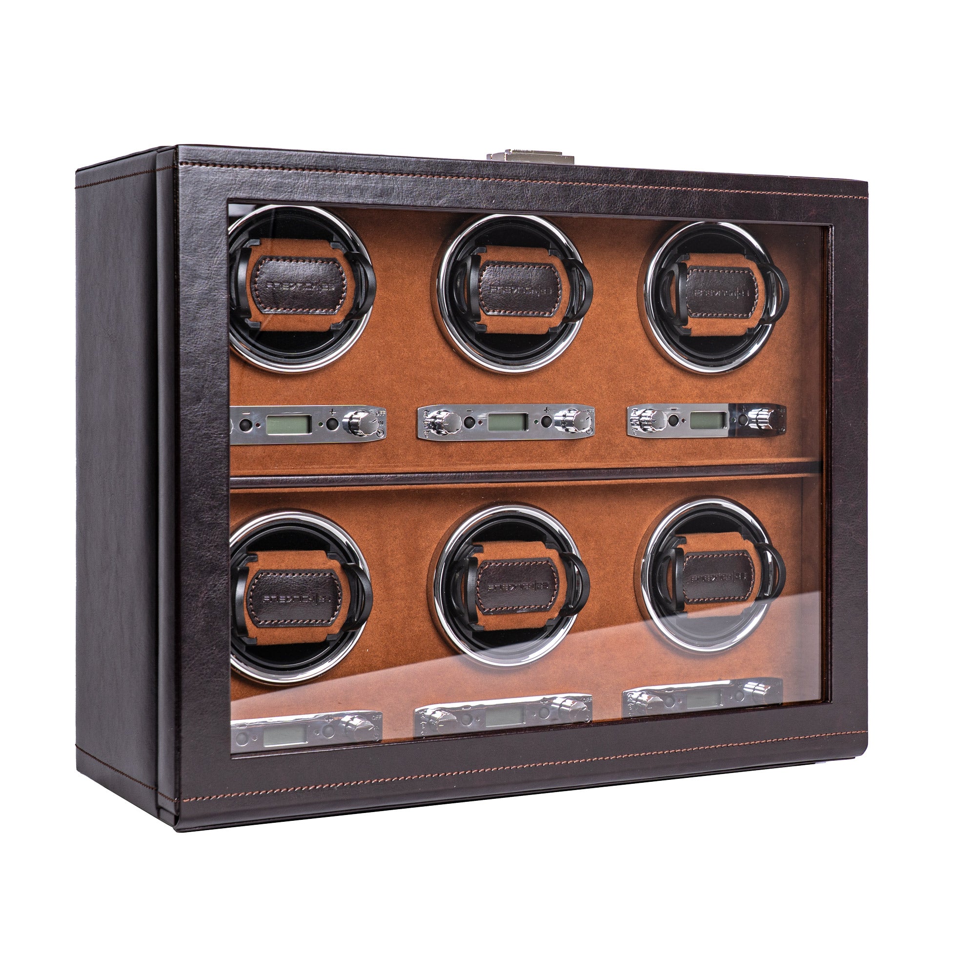 Uhrenbeweger aus braunem Leder mit Glasfenster für 6 Uhren, Schrägansicht