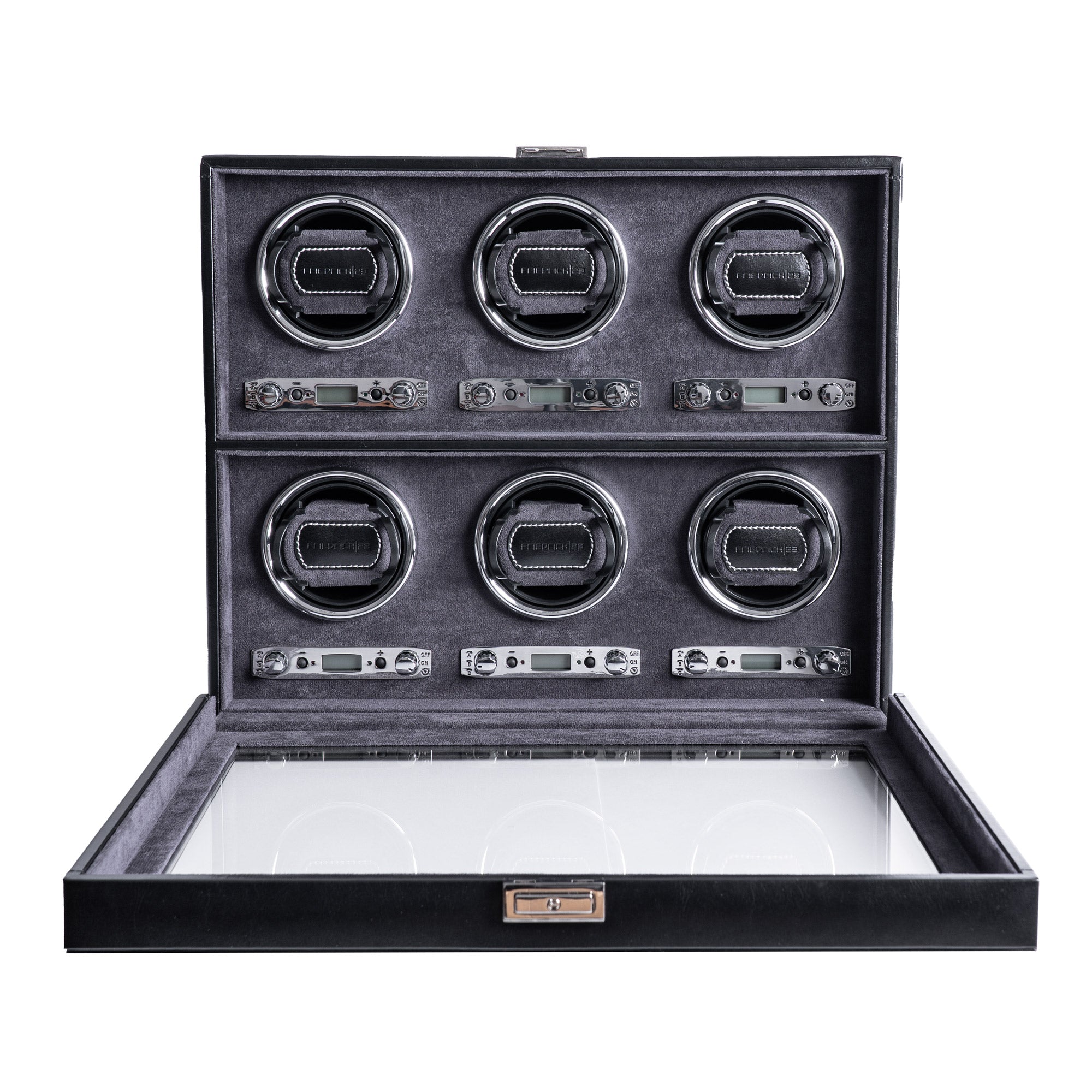 Uhrenbeweger aus schwarzem Leder mit geöffnetem Glasfenster für 6 Uhren, Frontansicht