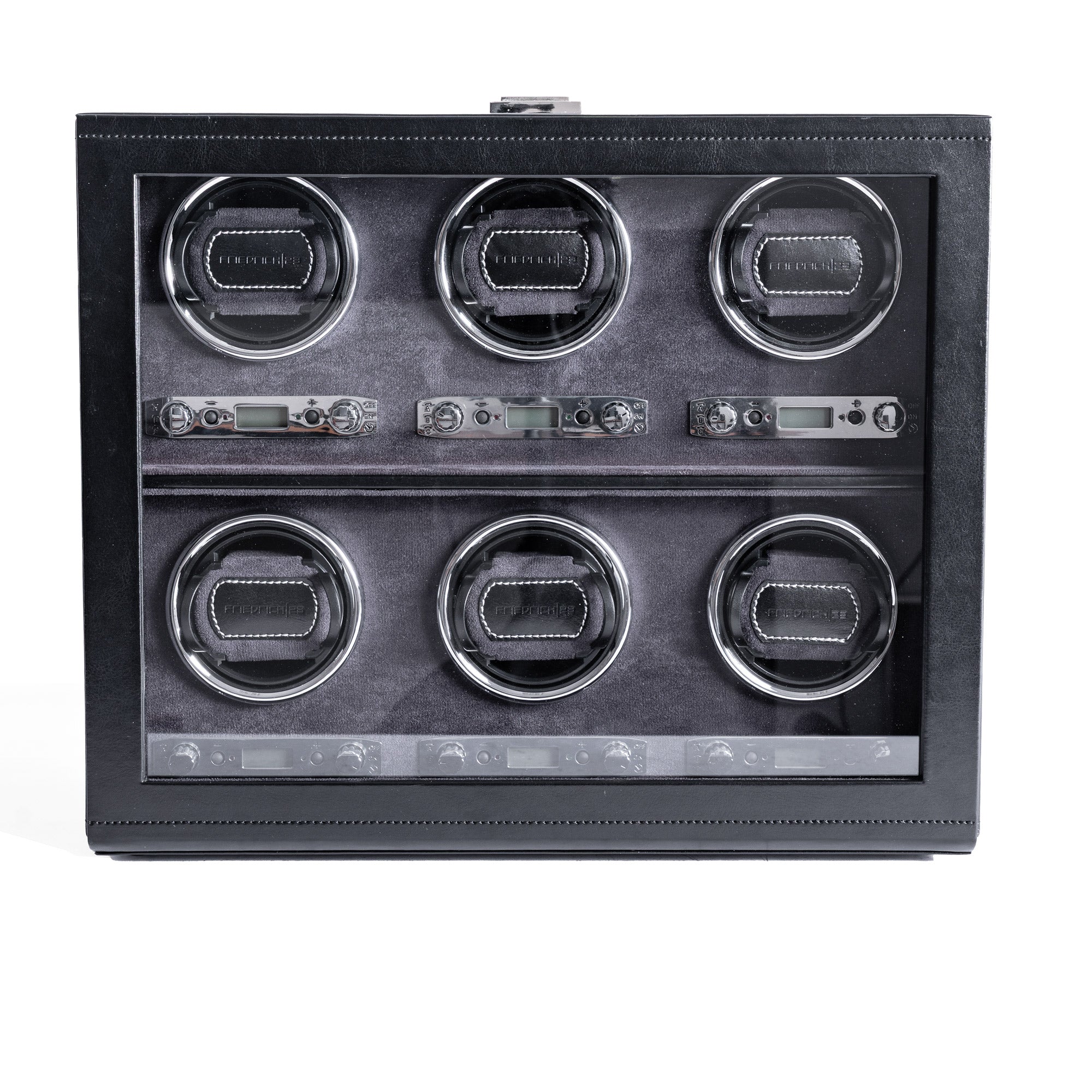 Uhrenbeweger aus schwarzem Leder mit Glasfenster für 6 Uhren, Frontansicht