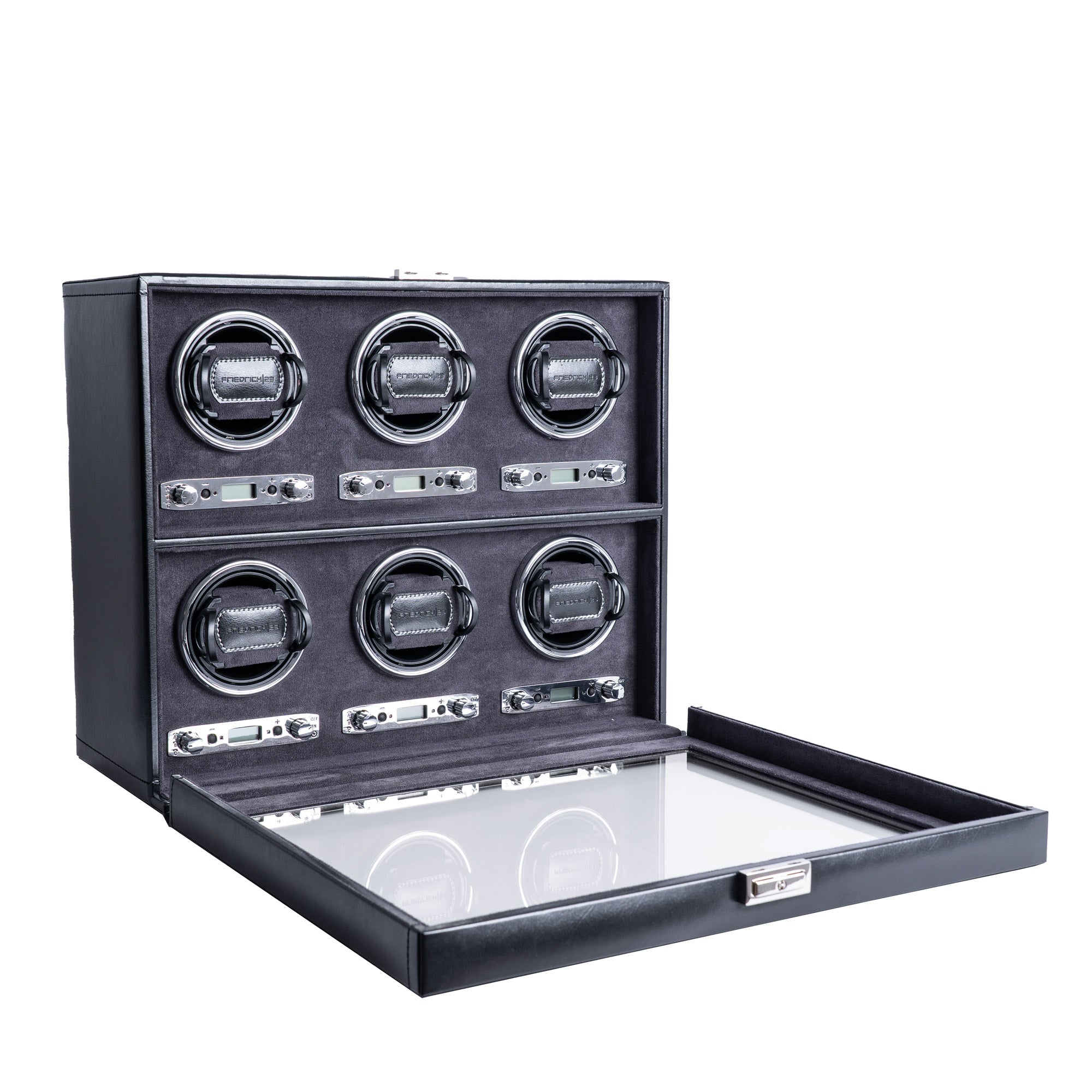 Uhrenbeweger aus schwarzem Leder für 6 Uhren mit geöffnetem Glasfenster, Schrägansicht