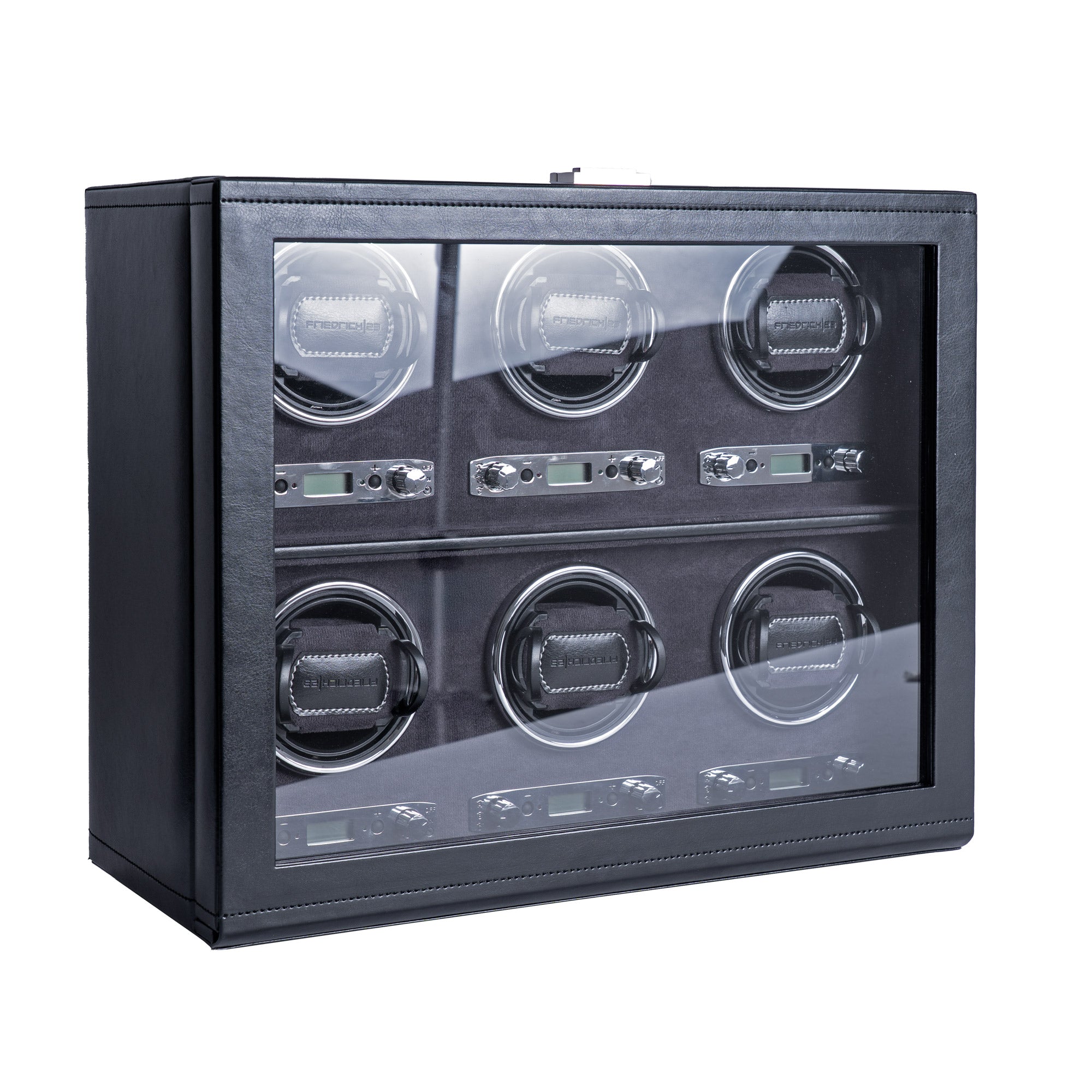 Uhrenbeweger aus schwarzem Leder für 6 Uhren, Schrägansicht