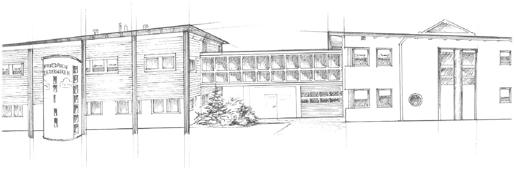 Skizze des Firmengebäudes der Friedrich Lederwaren GmbH – zentrale Verwaltung und Unternehmenszentrale.