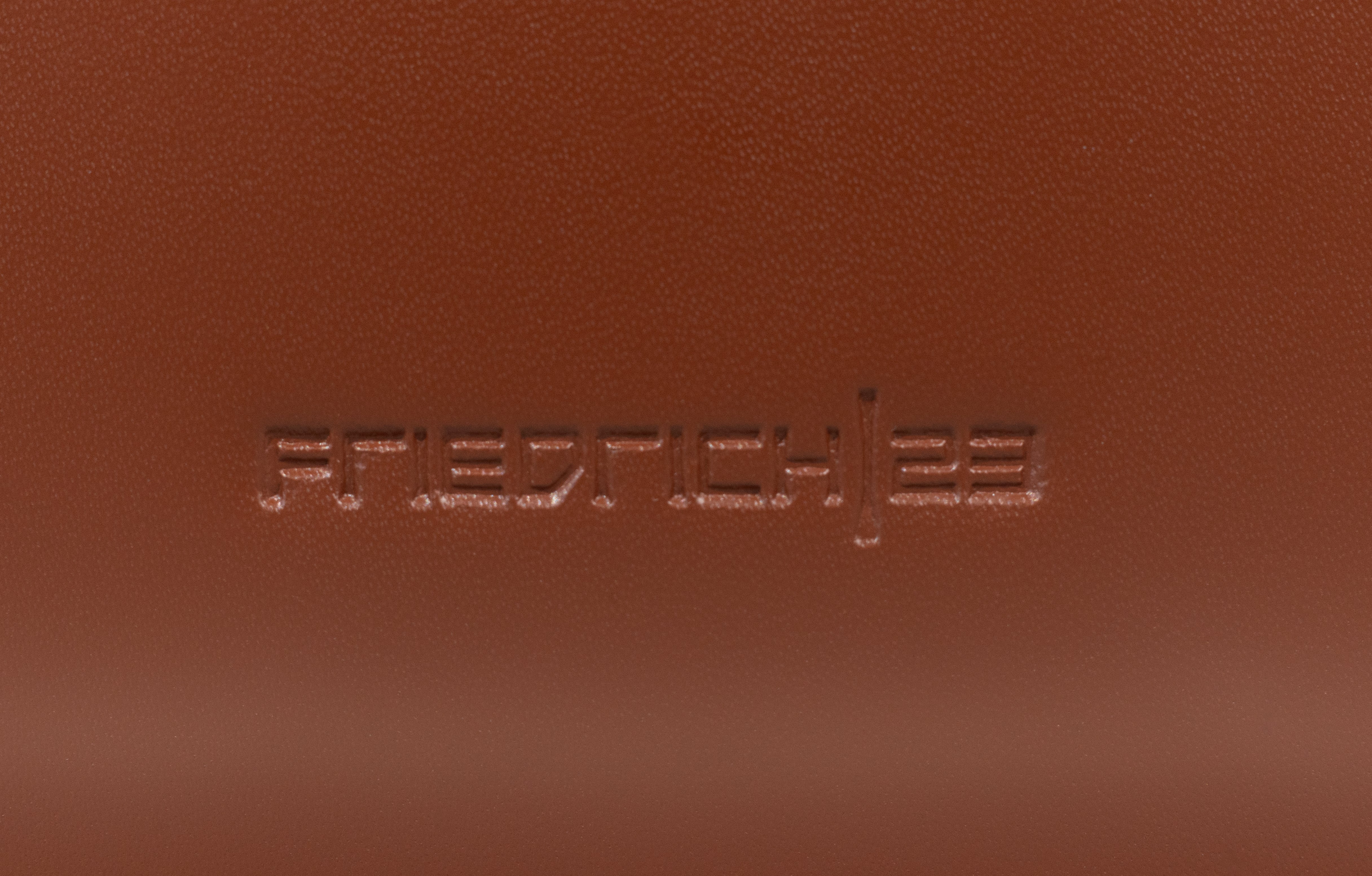 Detailaufnahme: In braunes Leder geprägtes Friedrich23 Logo