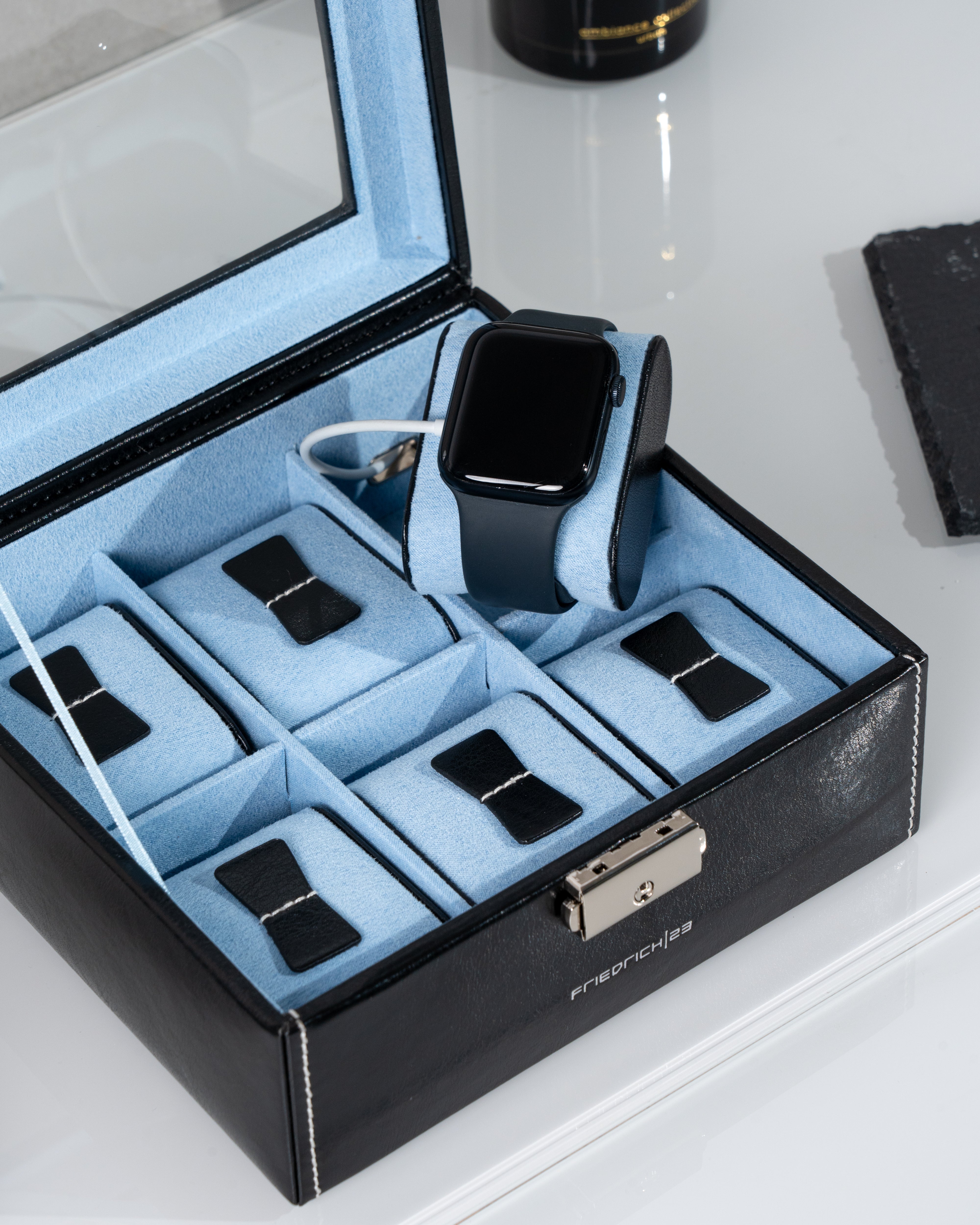 Bond watch box for 6 watches with glass lid