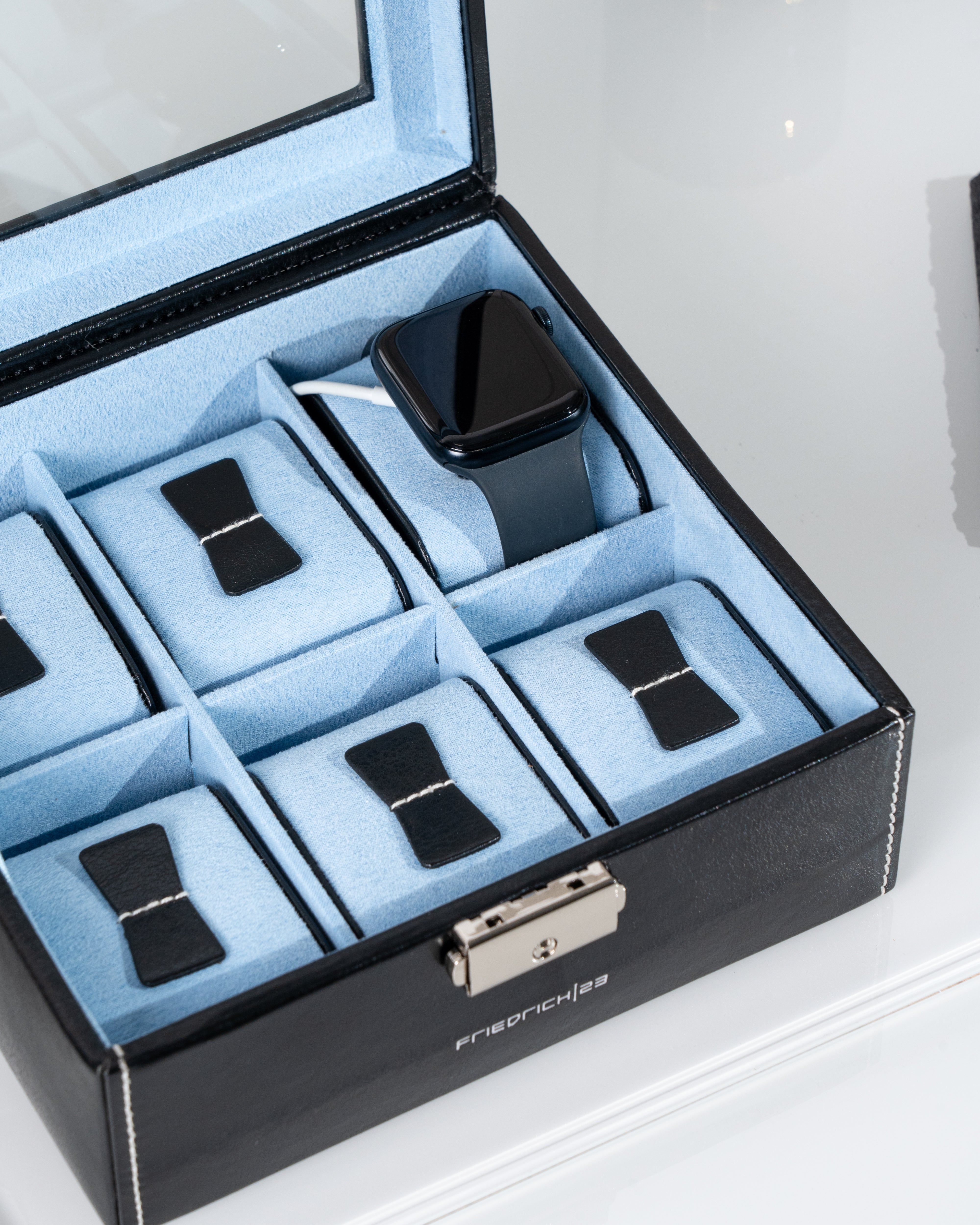 Bond watch box for 6 watches with glass lid