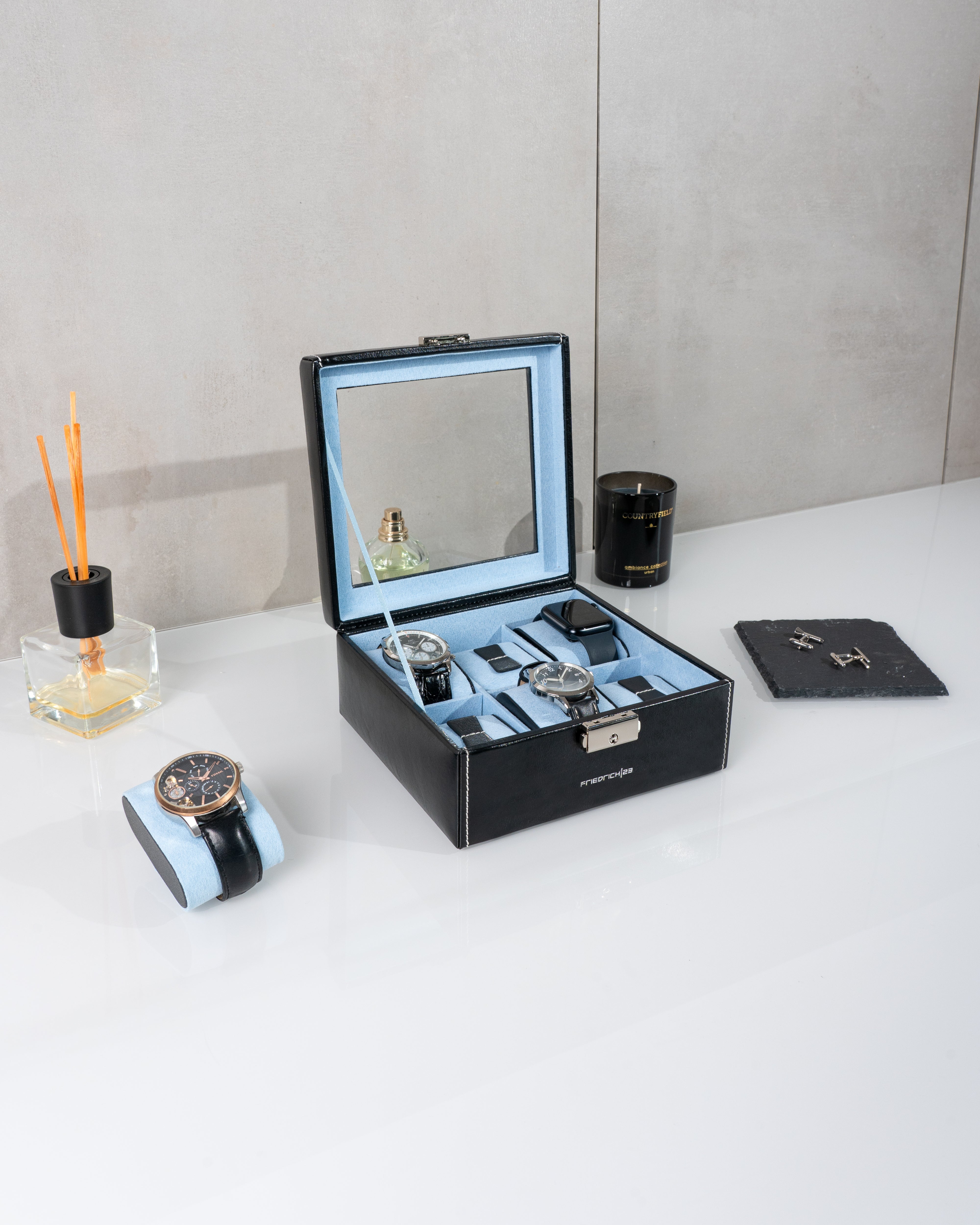 Bond watch box for 6 watches with glass lid