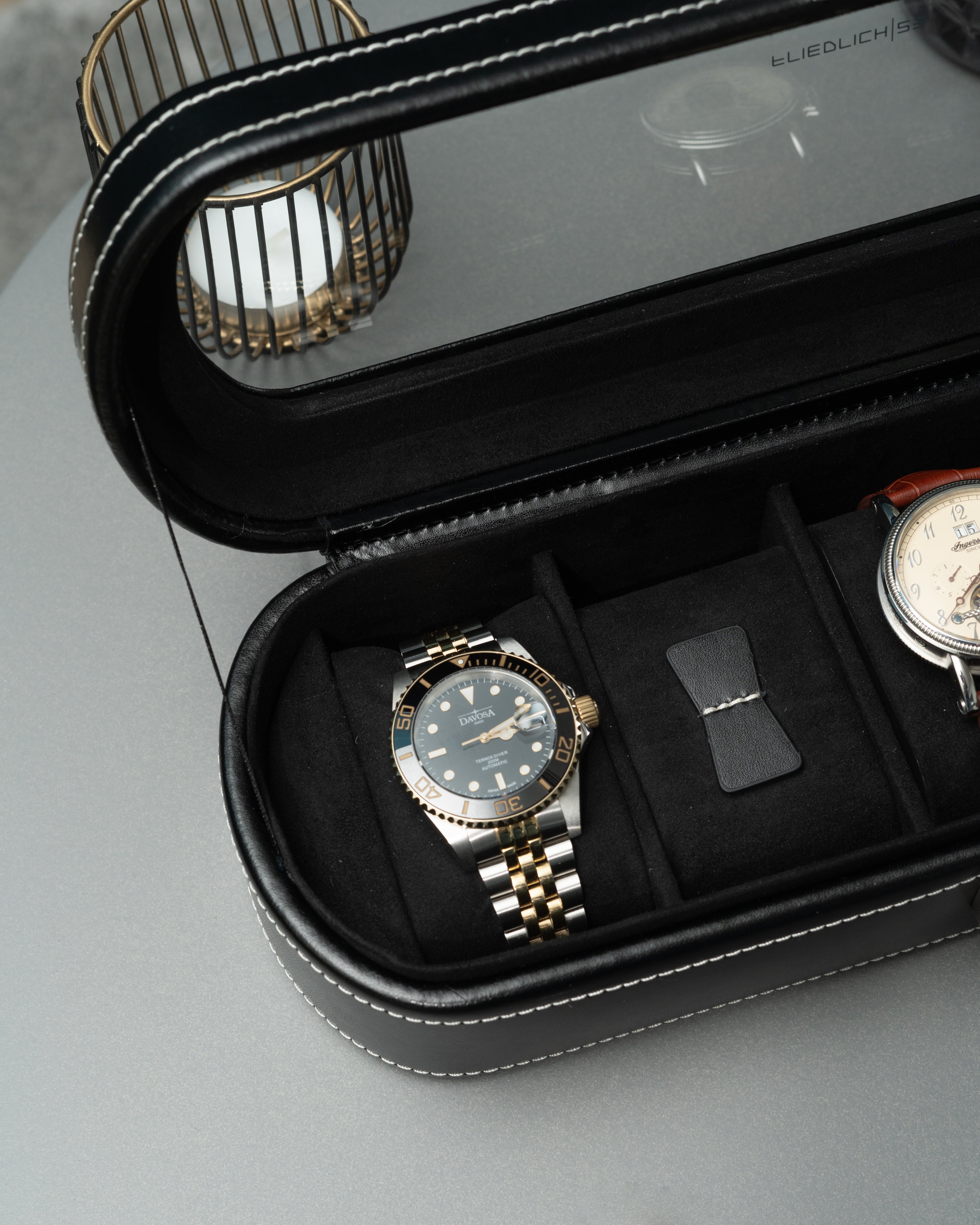 LONDON Uhrenbox für 5 Uhren aus Leder mit Glasdeckel