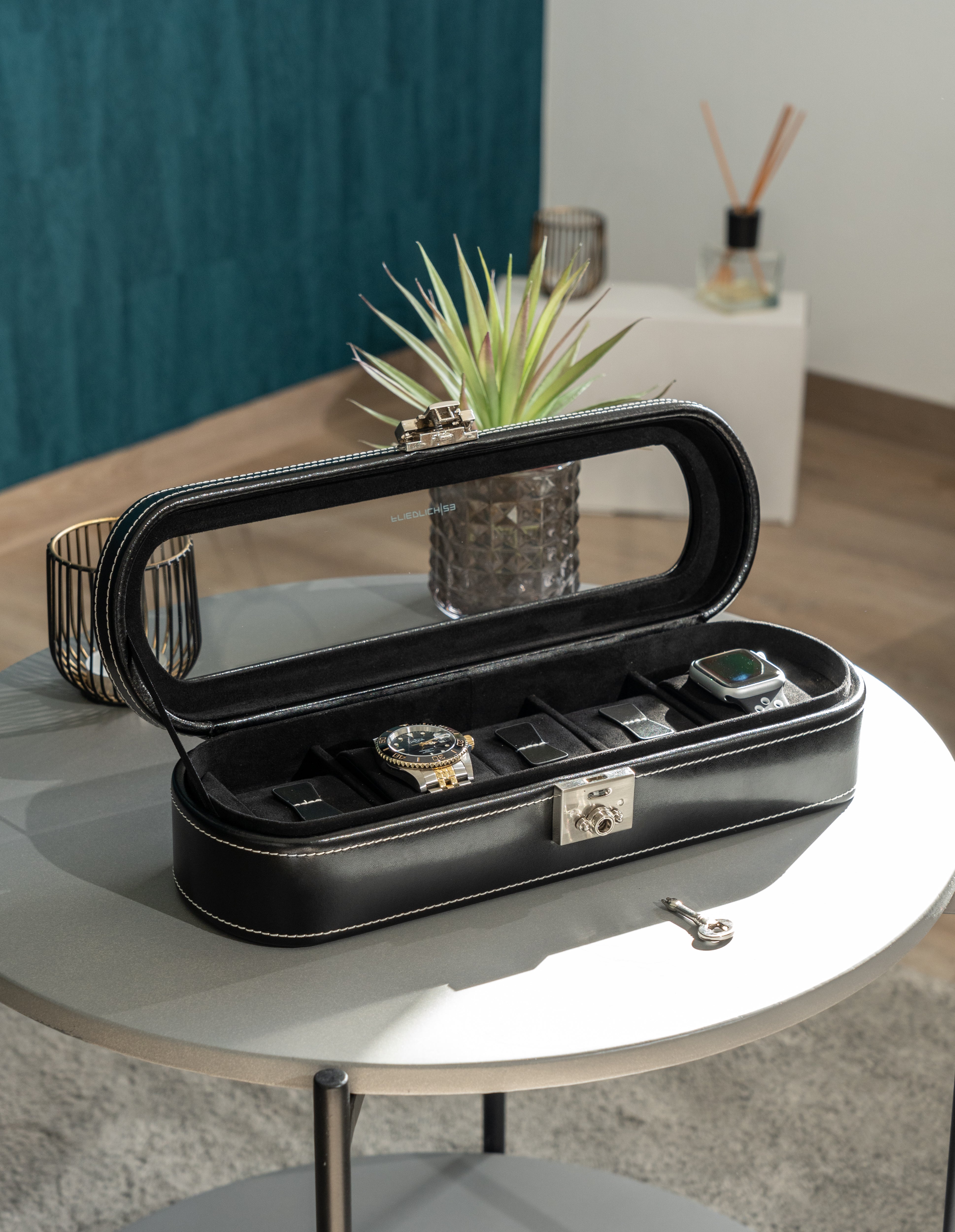 LONDON Uhrenbox für 5 Uhren aus Leder mit Glasdeckel