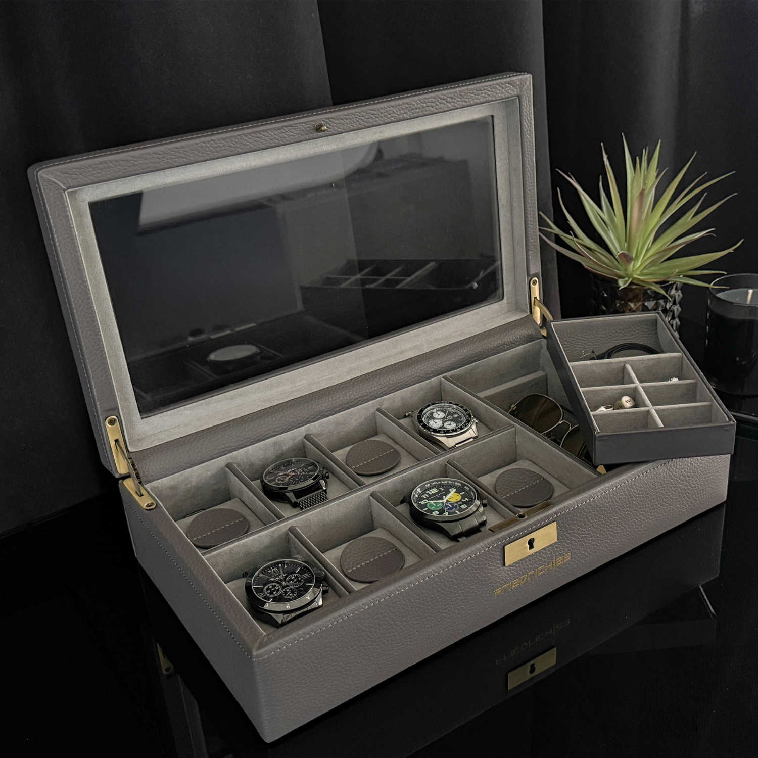 DYNASTY Uhrenbox für 8 Uhren aus Leder mit Glas