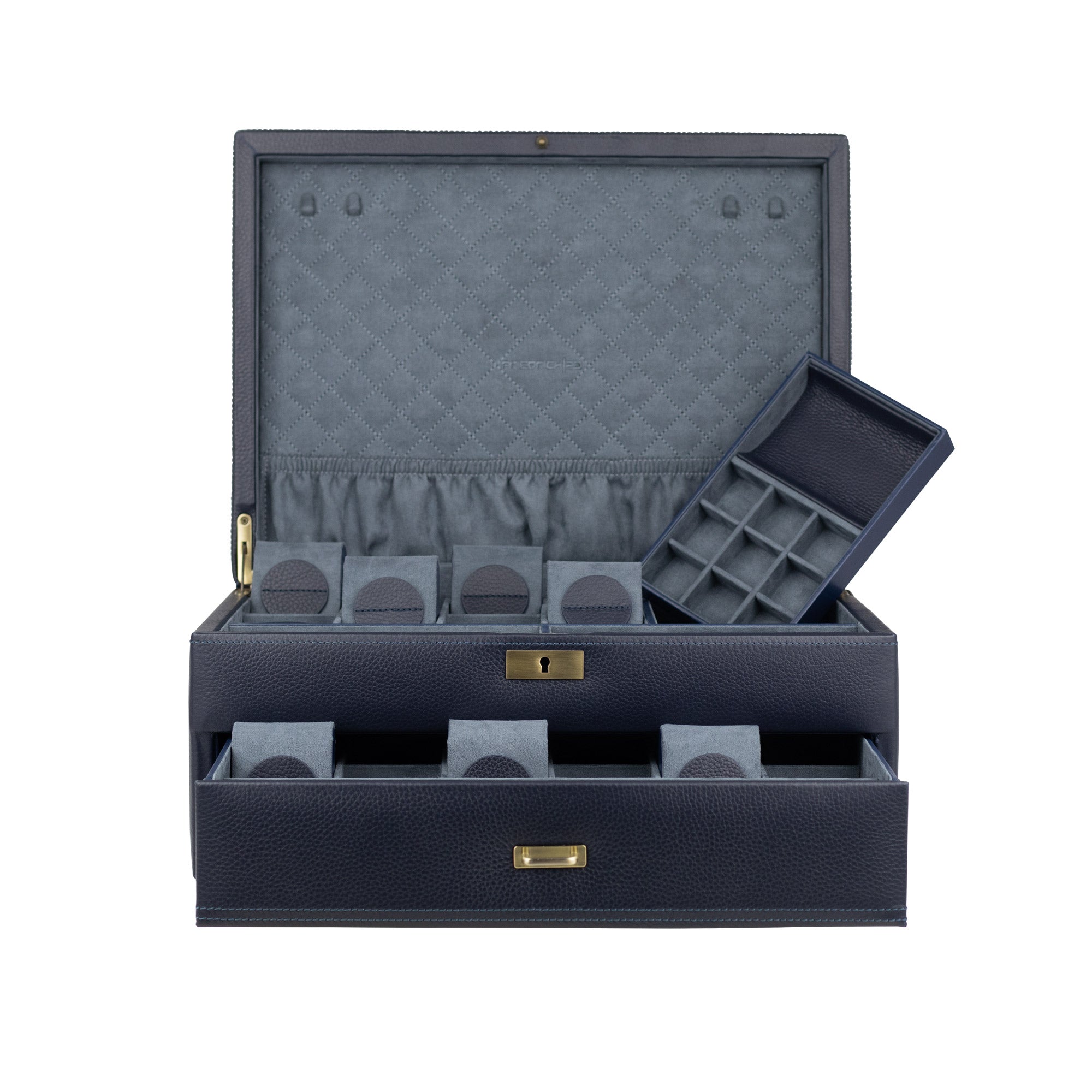 Geöffnete Uhrenbox mit 8 Uhrenfächer oben, ein herausnehmbares Ablagefach mit kleinen Unterteilungen für Schmuck, weiches Futter in hellerem Blau, Metallscharniere, Schublade mit 12 Uhrenkissen