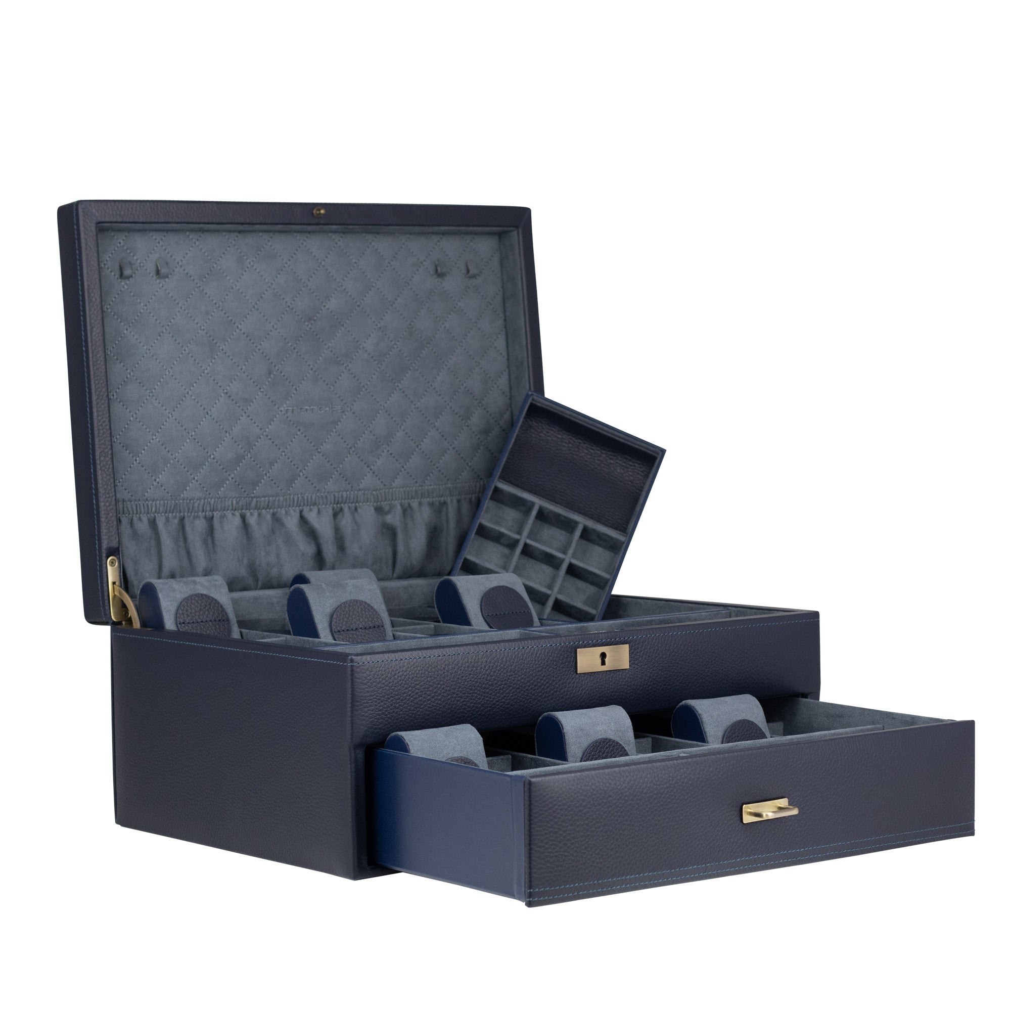Seitliche Ansicht der blauen Uhrenbox aus Leder, herausnehmbarer Einsatz für Schmuck mit zusätzlichem Fach darunter, sowie 2 große Brillenfächer, genarbtes Leder, große Schublade mit 12 Uhrenfächer