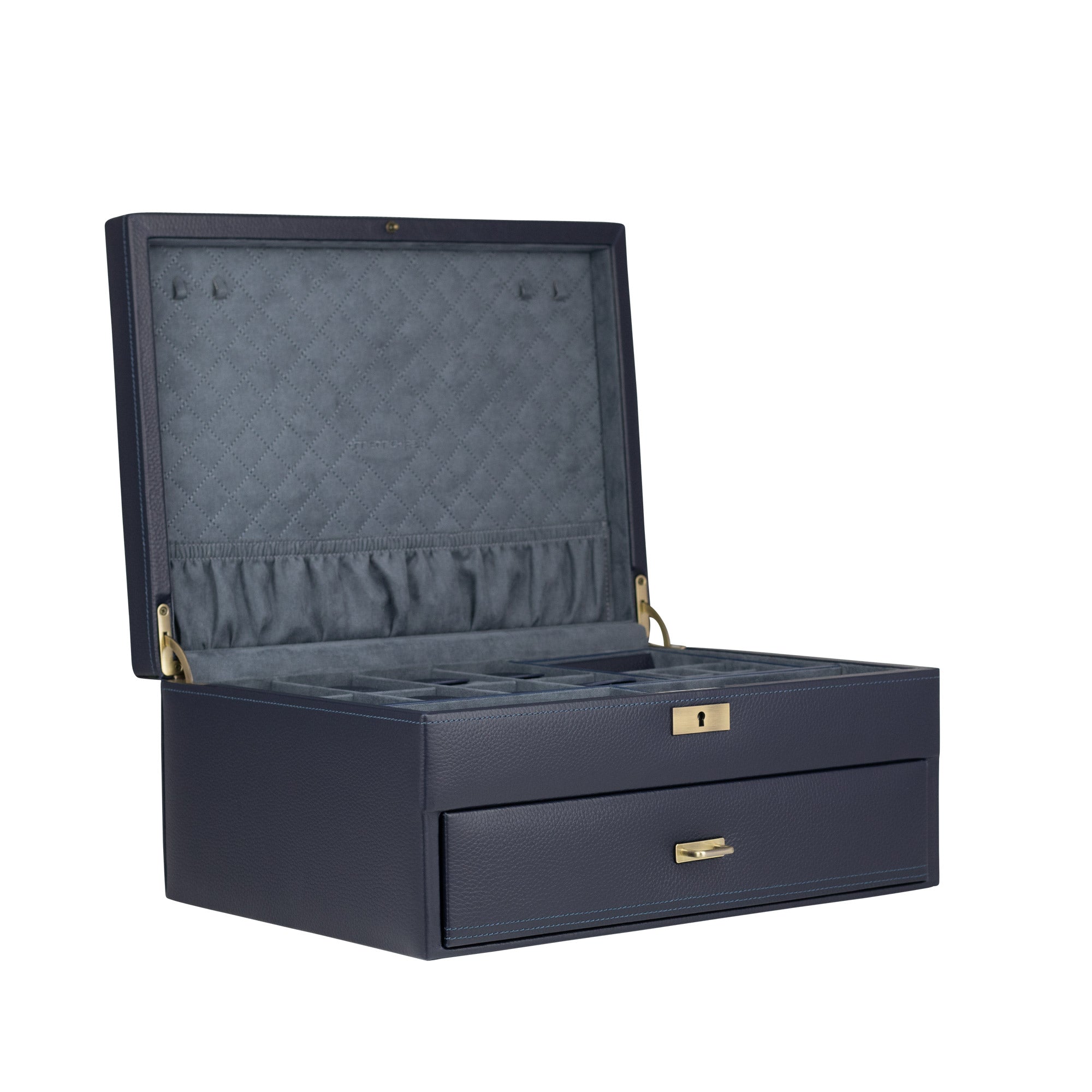 Seitliche Ansicht der blauen Uhrenbox aus Leder, herausnehmbarer Einsatz für Schmuck mit zusätzlichem Fach darunter, sowie 2 große Brillenfächer, genarbtes Leder, geschlossene Schublade