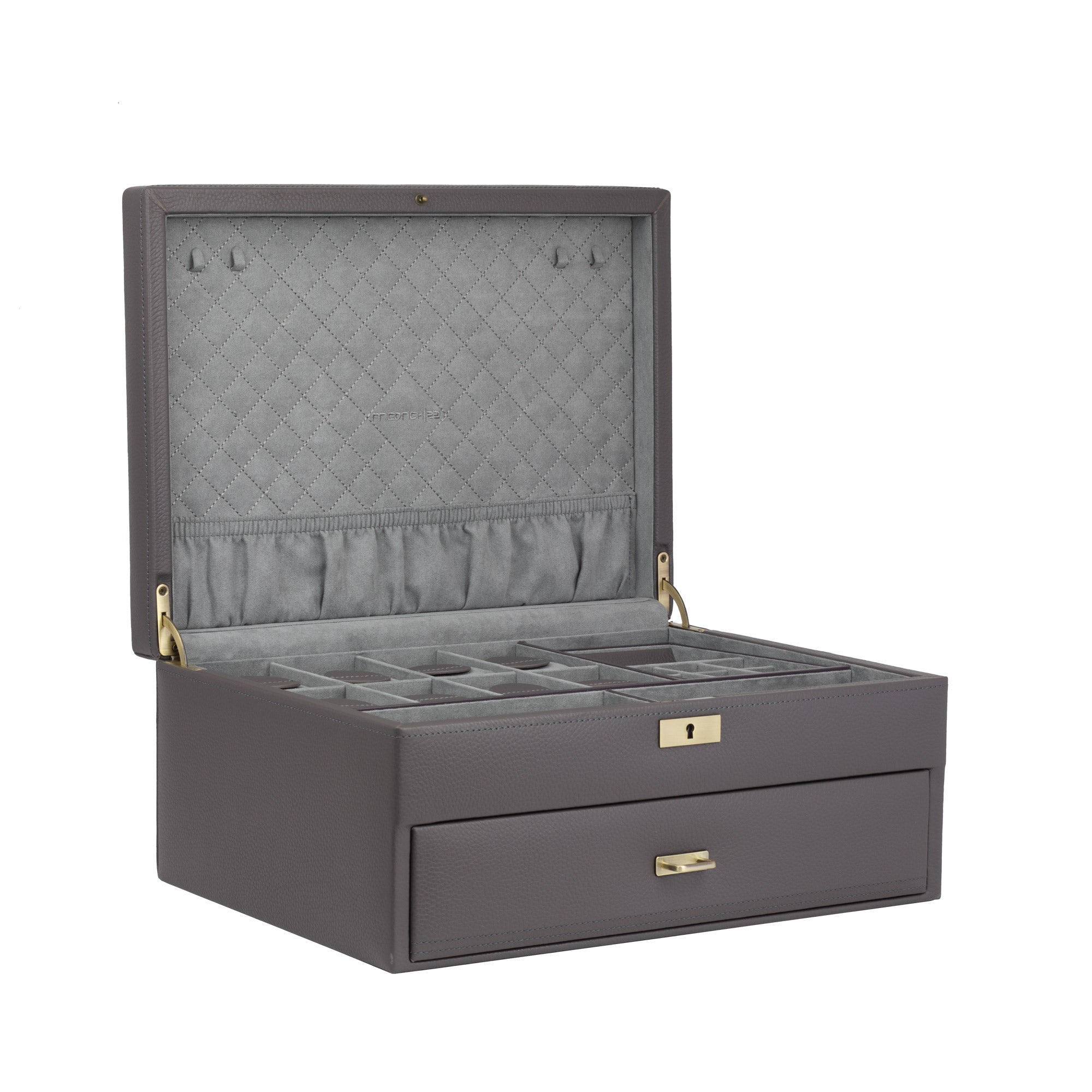 Seitliche Ansicht der graue Uhrenbox aus Leder, herausnehmbarer Einsatz für Schmuck mit zusätzlichem Fach darunter, sowie 2 große Brillenfächer, genarbtes Leder, große Schublade mit 12 Uhrenfächer