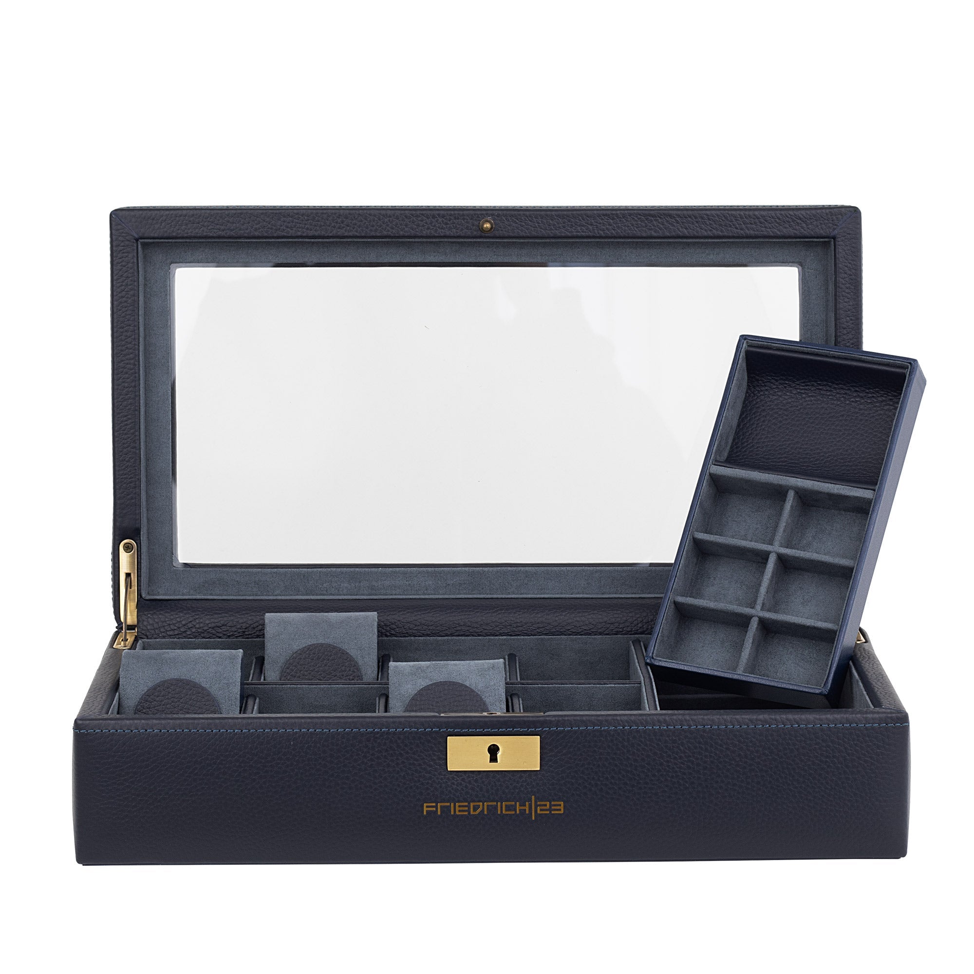 Geöffnete Uhrenbox mit 8 Uhrenfächer, ein herausnehmbares Ablagefach mit kleinen Unterteilungen für Schmuck, weiches Futter in hellerem Blau, Metallscharnier