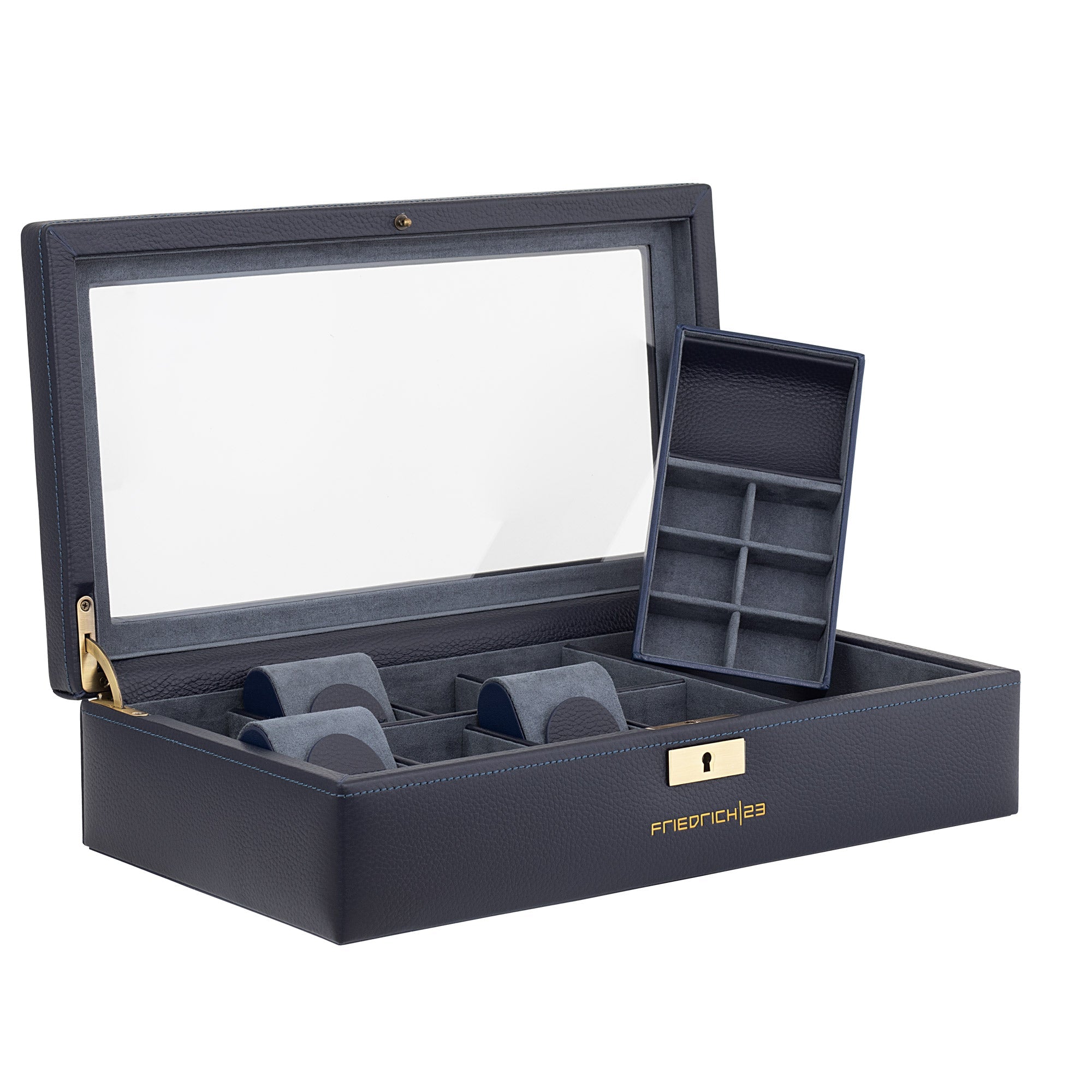 Dunkelblaue Uhrenbox aus Leder, geöffnet, 8 Uhrenfächer und ein herausnehmbares Fach mit Untereilung für Ringe, Schmuck oder Manchettenknöpfe und Co.