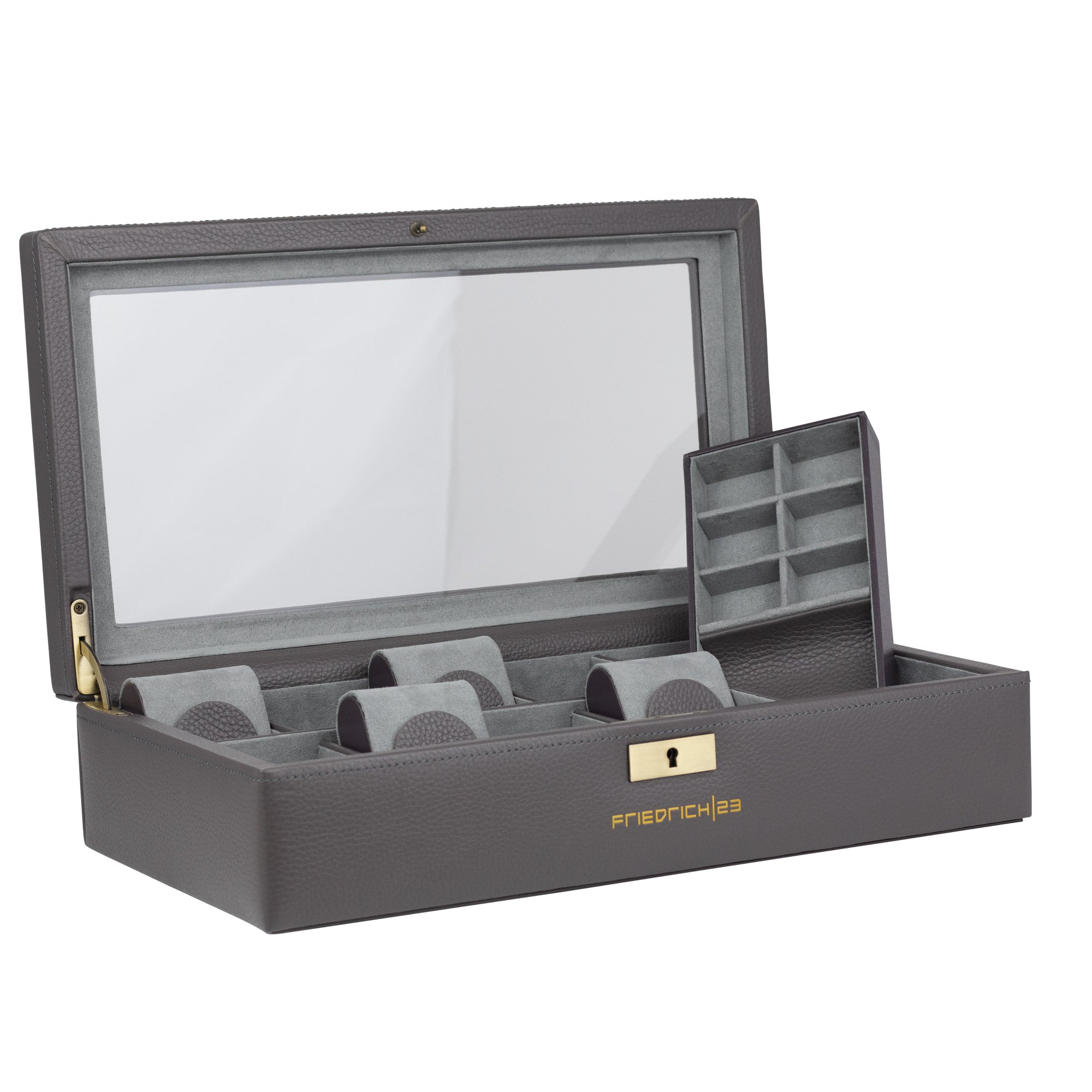 Seitliche Ansicht der grauen Uhrenbox aus Leder mit Glaseinsatz im Deckel, herausnehmbarer Einsatz für Schmuck mit Fach darunter, genarbtes Leder mit hellblau abgesetzten Nähten und Metallschloss und Metalllogo