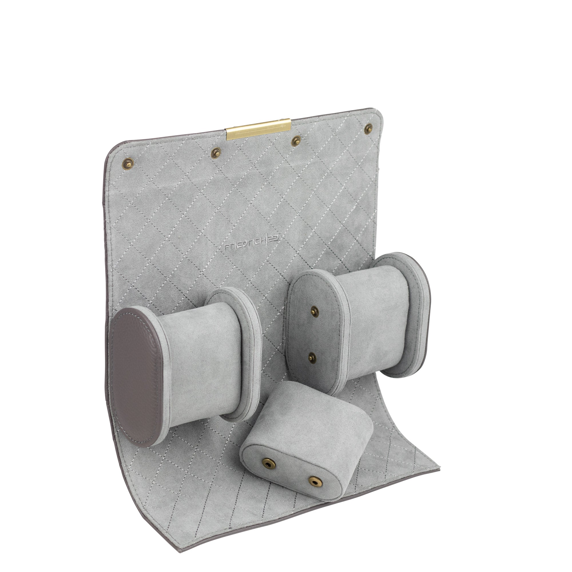 Uhrenetui geöffnet, mit Muster am Innenfutter, Druckknöpfe zum herausnehmen der Uhrenkissen