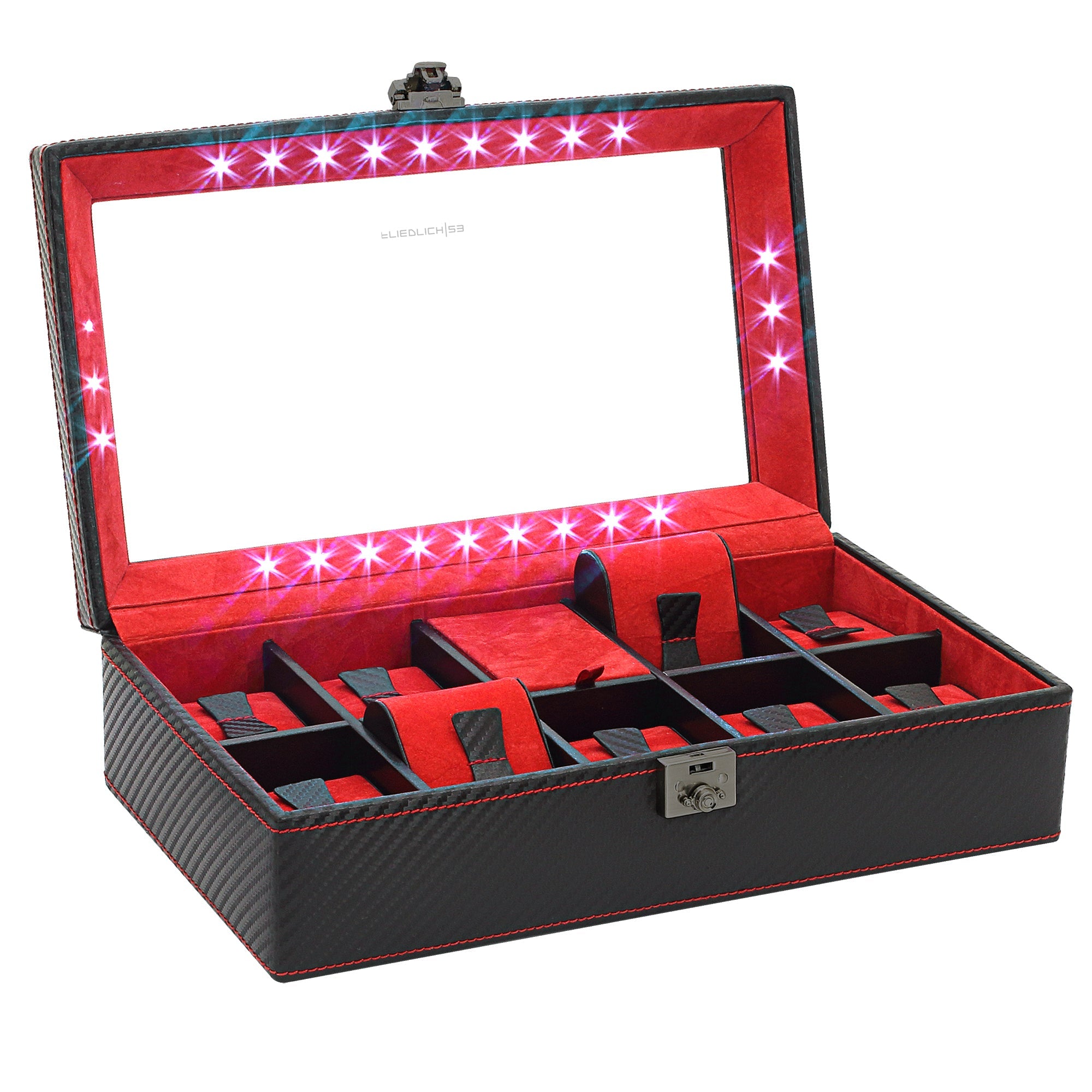 CARBON Uhrenbox für 9 Uhren mit LED Beleuchtung